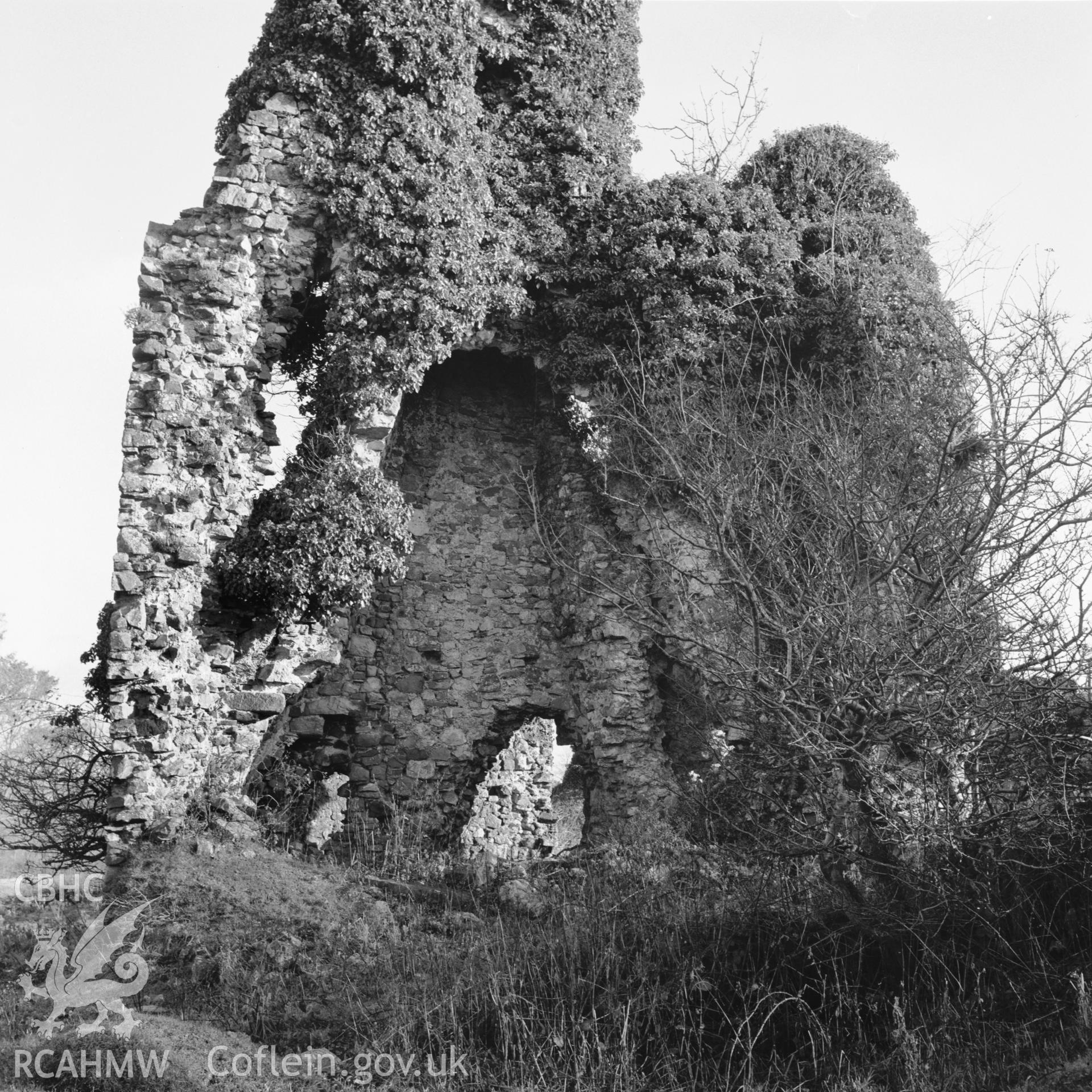 Black and white print of an exterior view of the ruins of Haroldstone, St Isels.