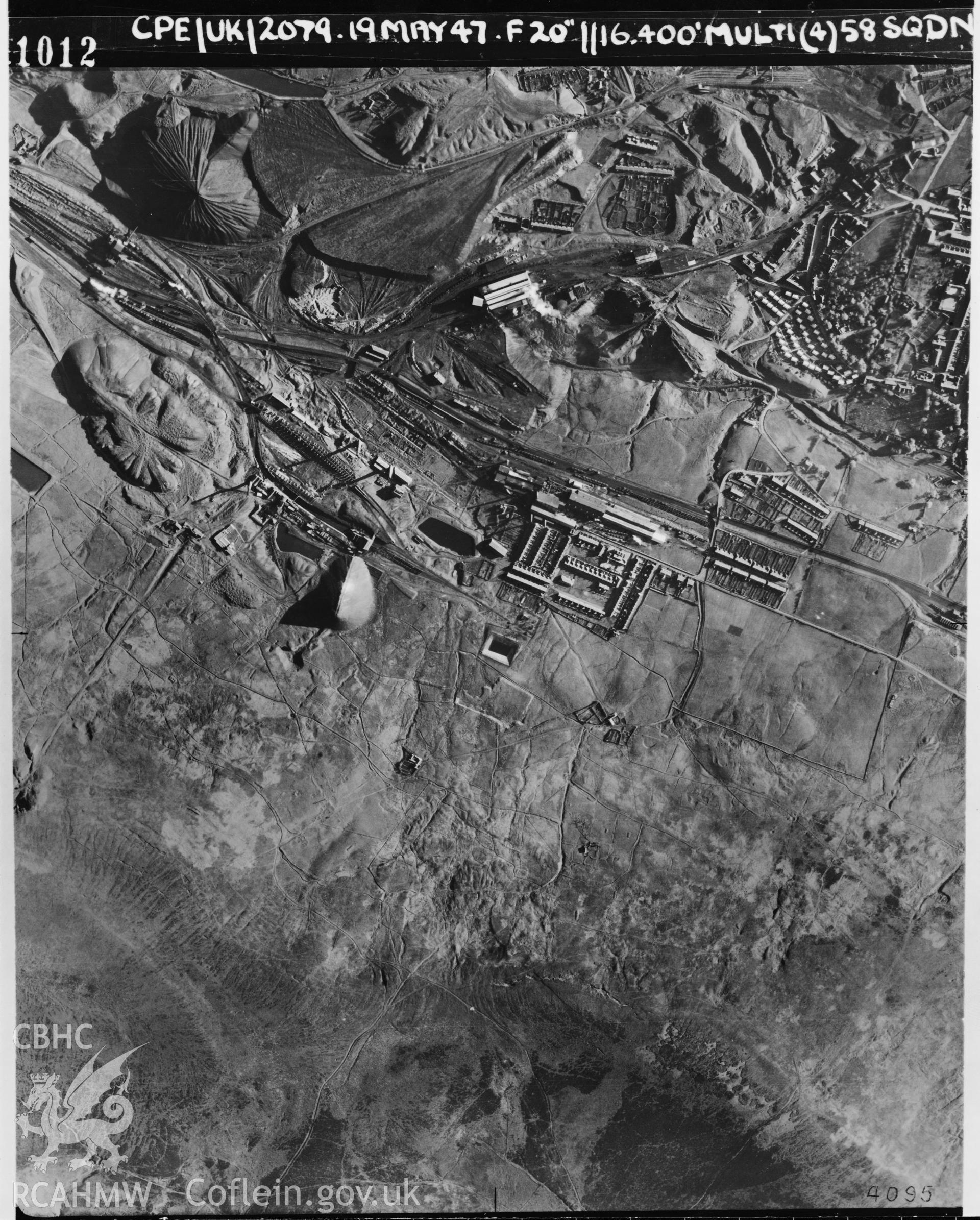 Black and white vertical aerial photograph taken by the RAF on 19/05/1947 centred on SO24190832 at a scale of 1:10000 and showing the Pontypool and Blaenavon Railway. The photograph includes part of Blaenavon community in Torfaen.