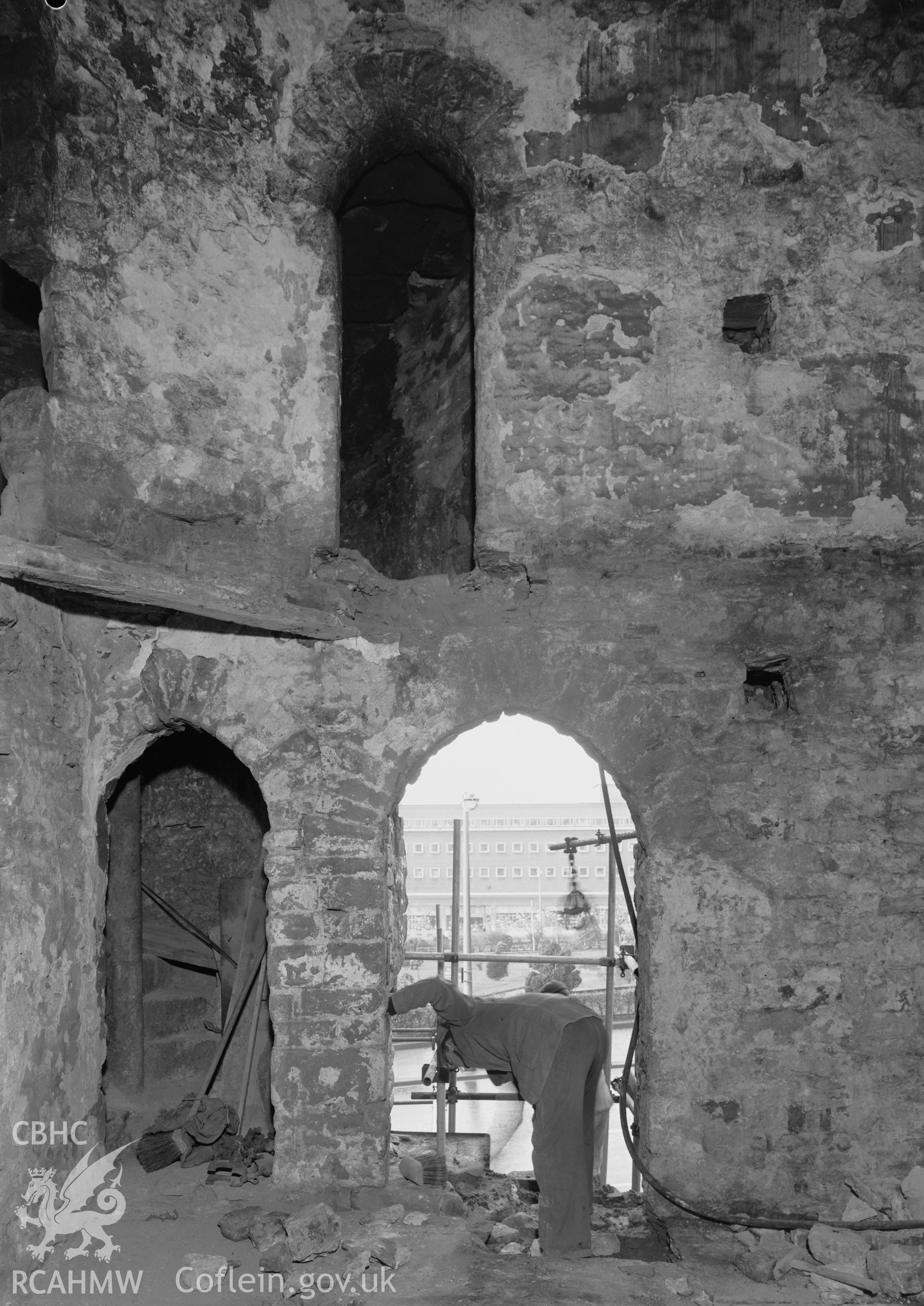 D.O.E photograph of Swansea Castle - south wall of room, south of arcaded partition.