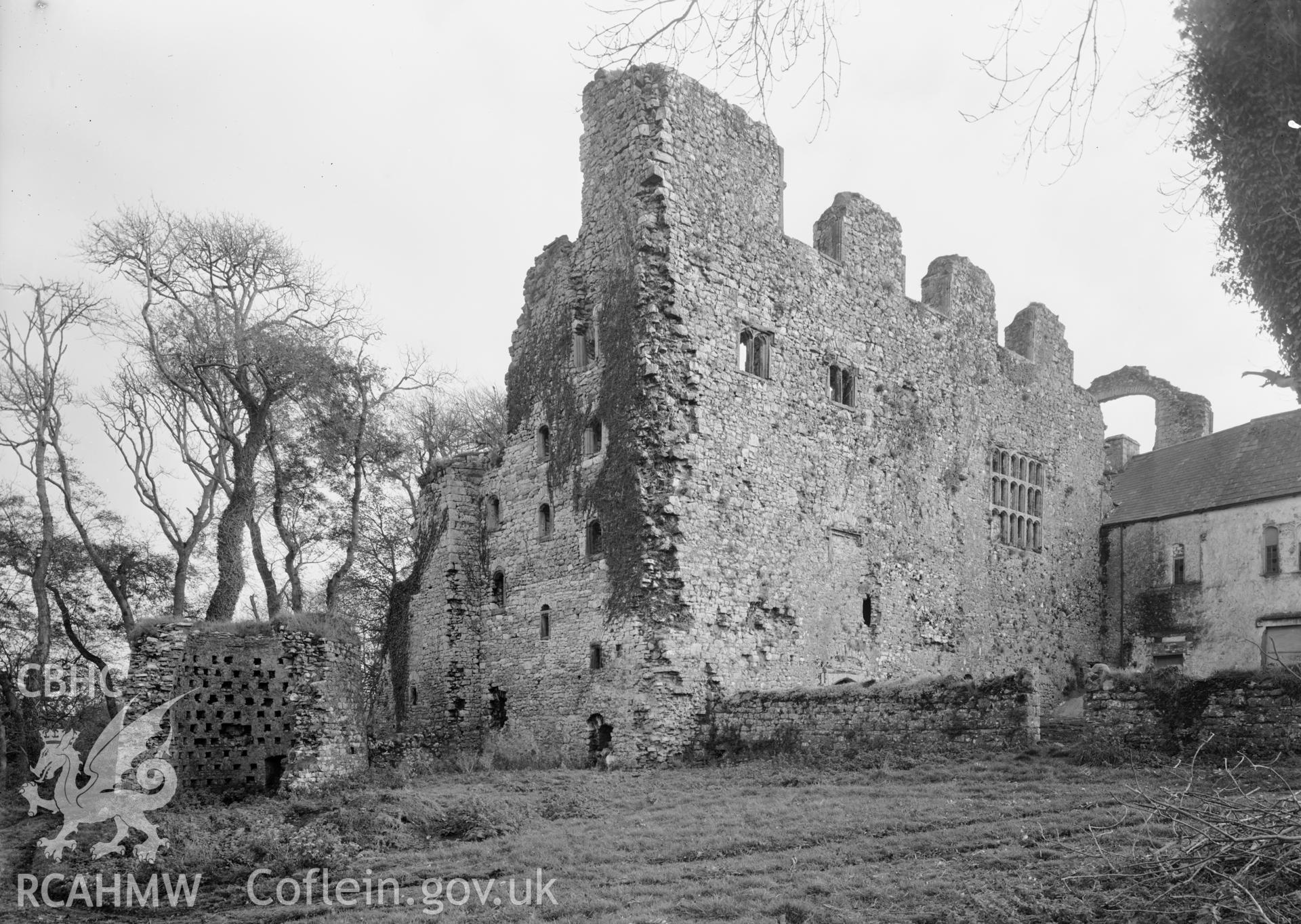 D.O.E photograph of Oxwich Castle - east range and dovecote from the north west.