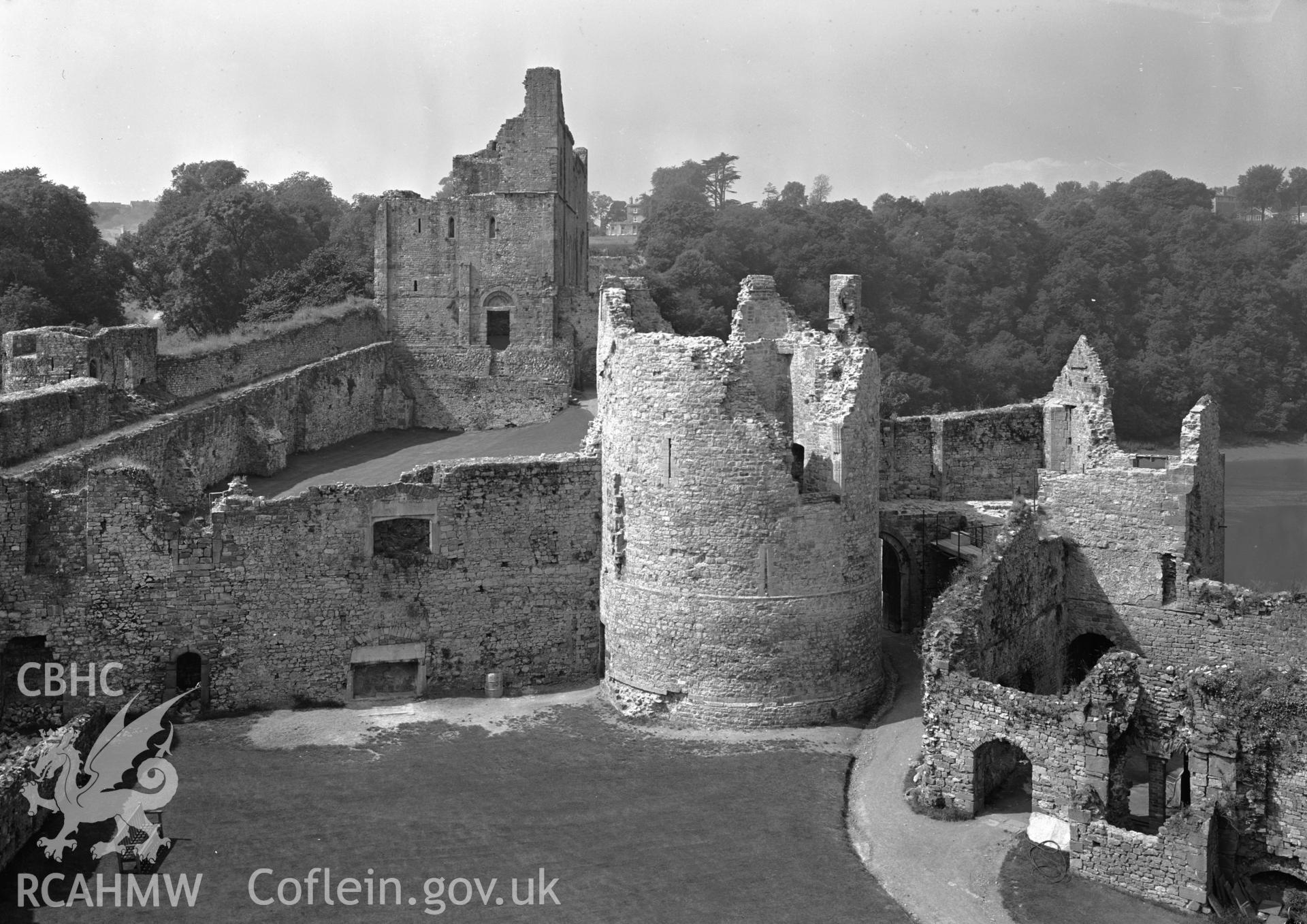 D.O.E photograph of Chepstow Castle - east curtain of middle bailey and Great Tower.