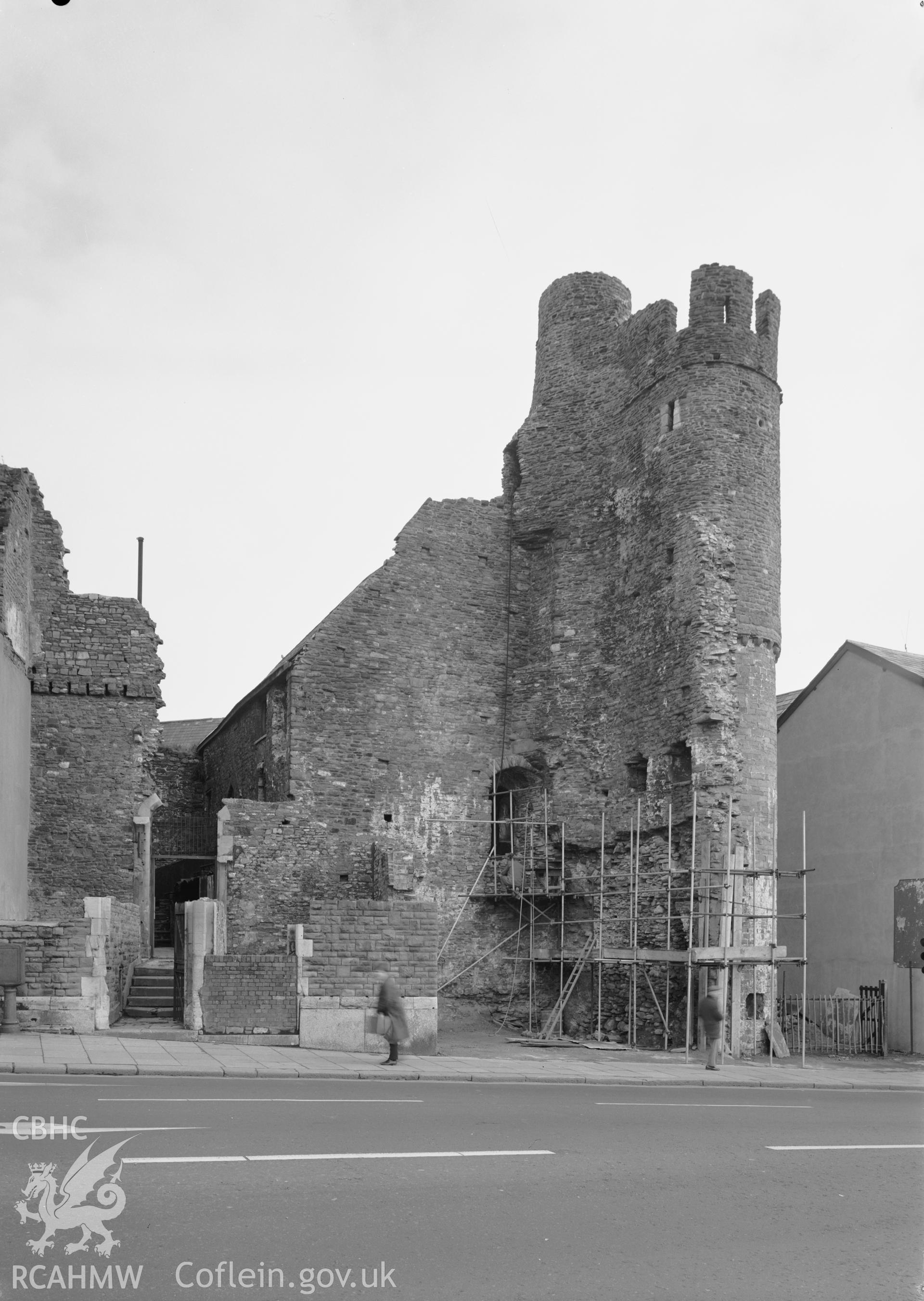 D.O.E photograph of Swansea Castle - clock tower from the south west, during conservation.