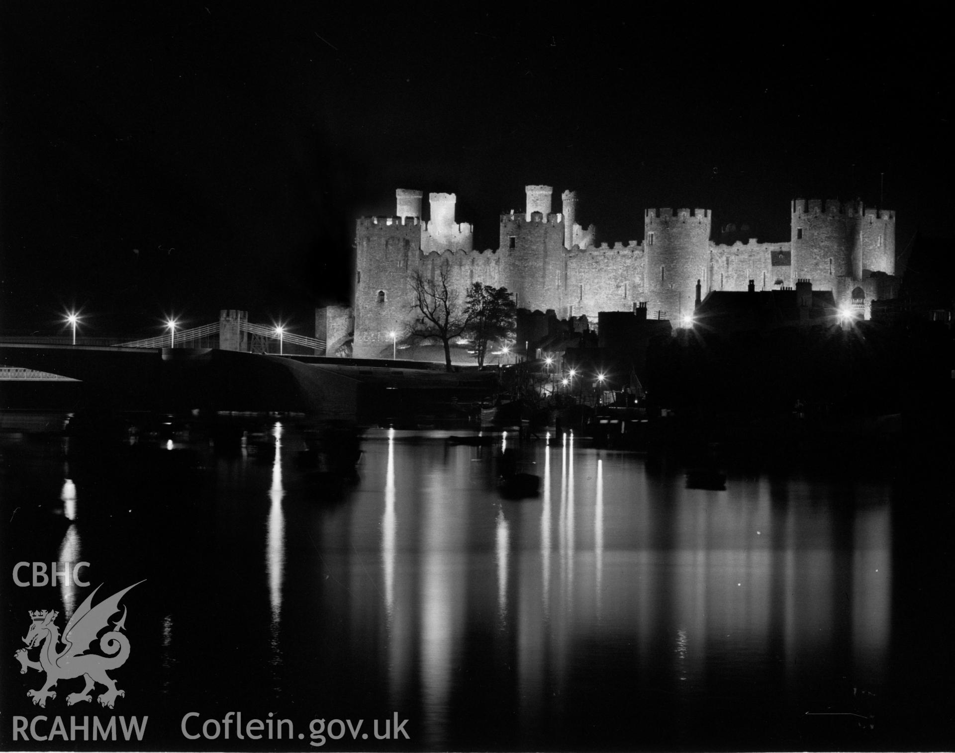 D.O.E photograph of Conwy Castle. Floodlit views.
