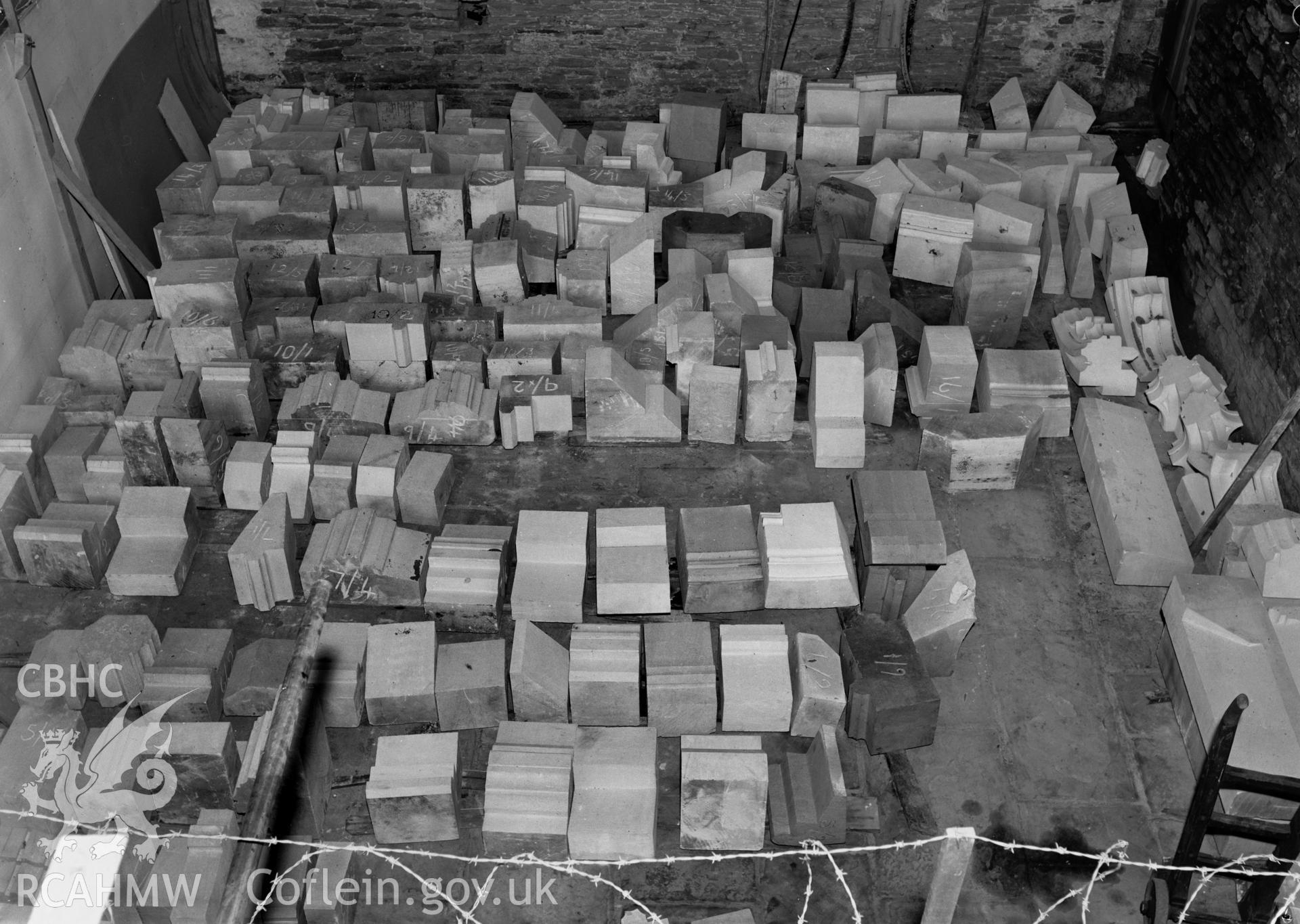 D.O.E photographs of Caerphilly Castle - view of finished stones for windows 1 & 2 in the Hall.