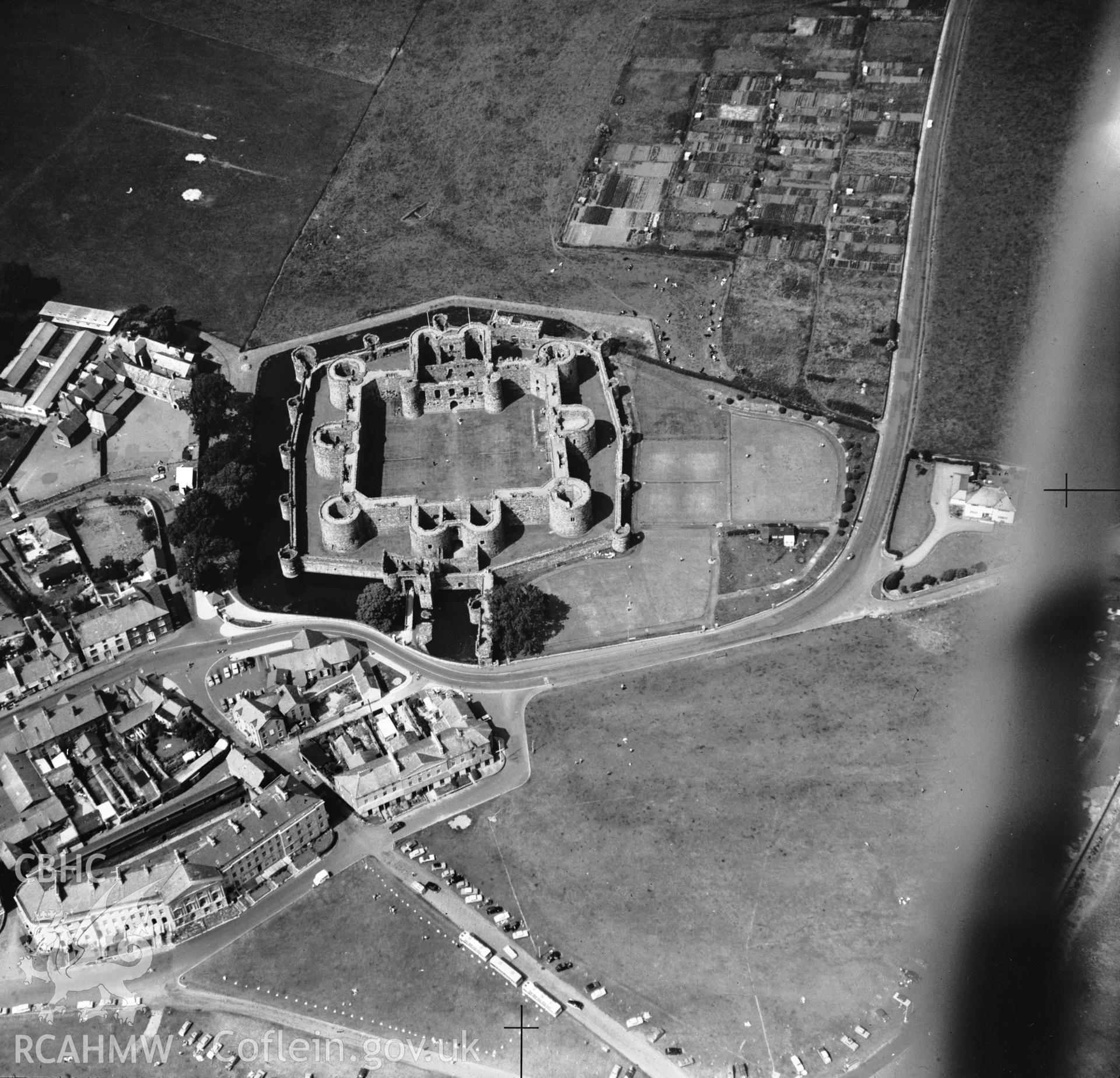 D.O.E photograph of Beaumaris Castle. Aerial. B/W of A 5990/1 ? St Joseph.