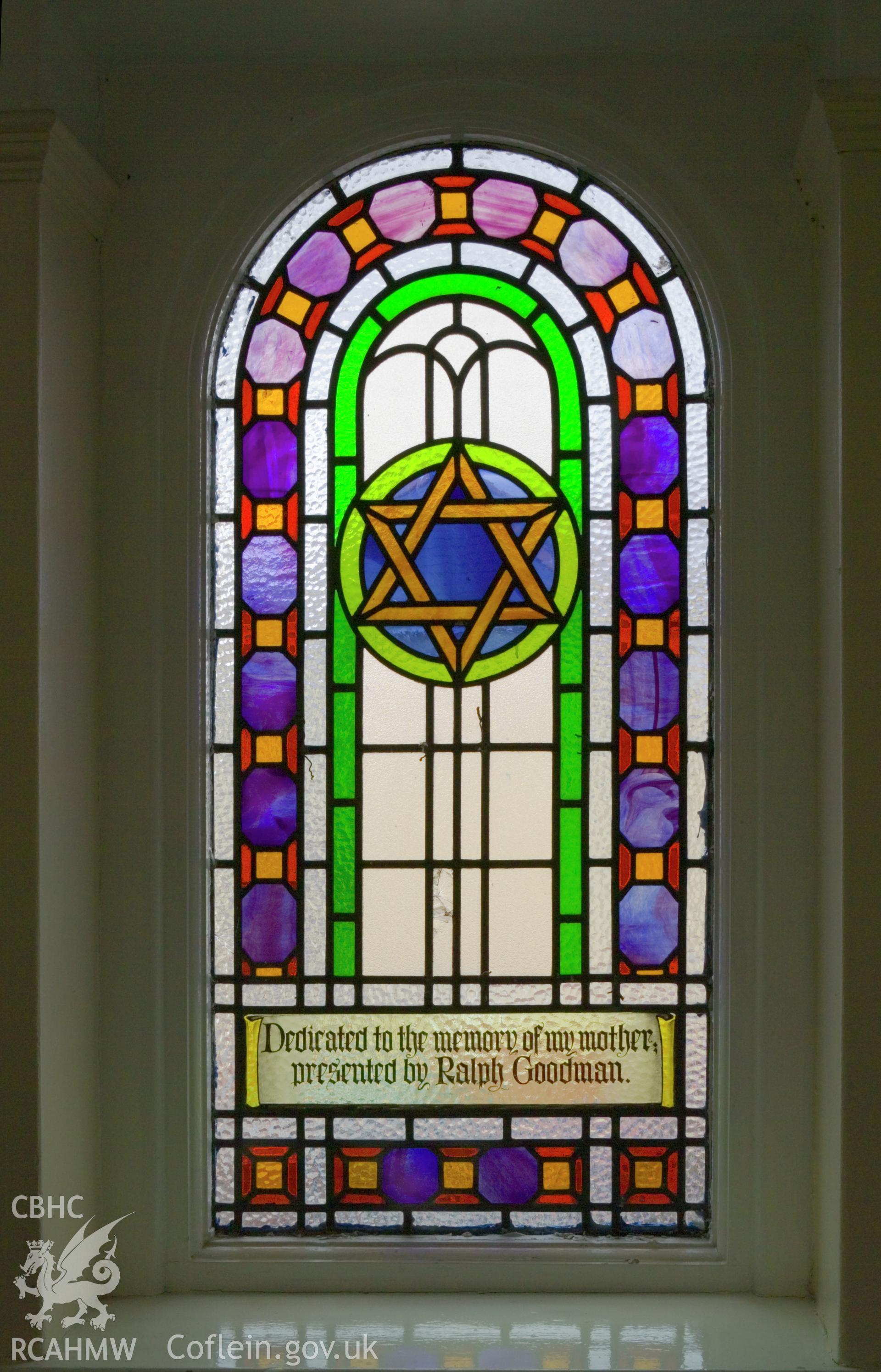 Newport Synagogue. Memorial window on north side of entrance..