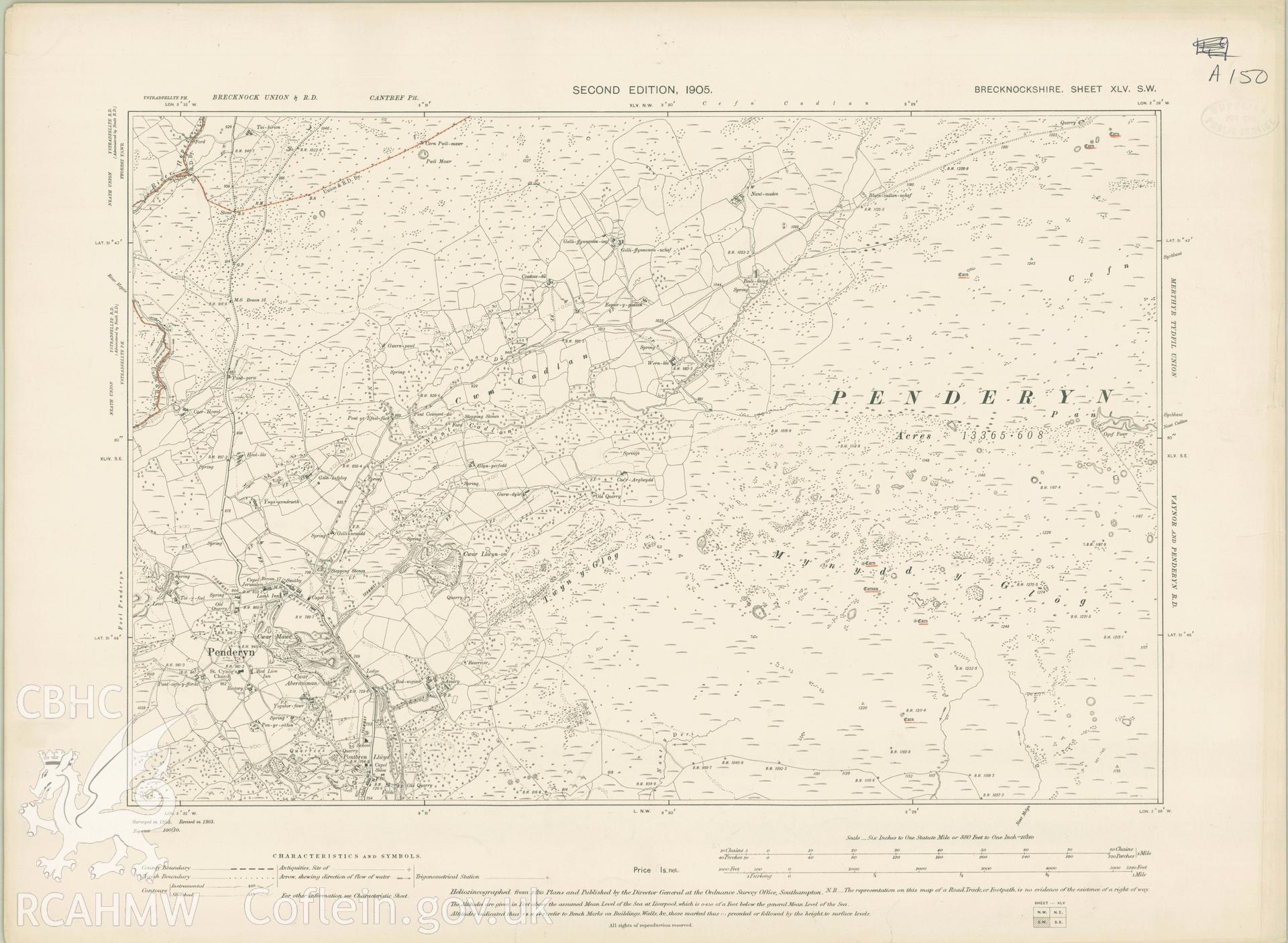 Digital copy of a Second Edition 1905 Ordnance Survey map covering the area around Penderyn.