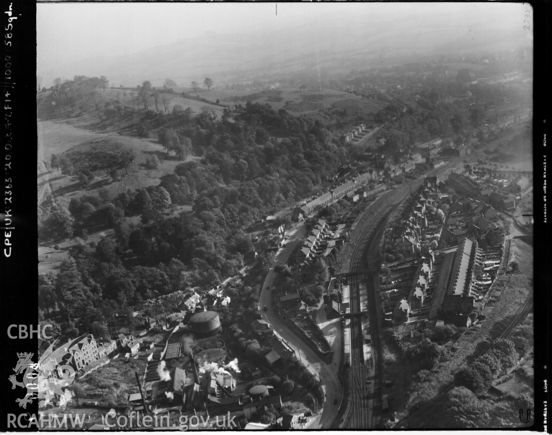 Black and white aerial photograph centred on Pontypool taken by the RAF, 1947