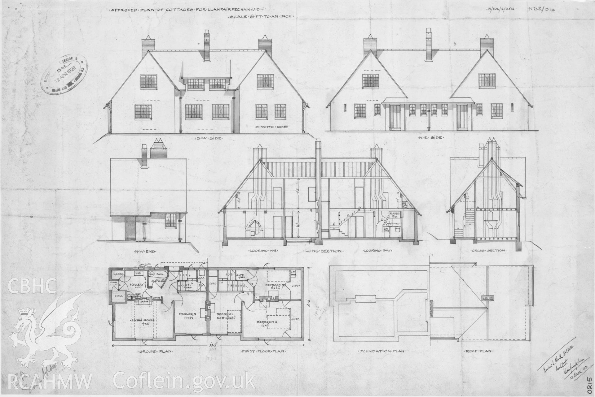 Plans, sections and elevations of an approved design of cottages for Llanfairfechan U.D.C., ink on paper, scale eight feet to one inch.