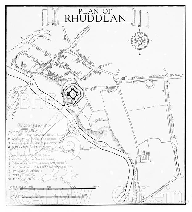 D.O.E photograph of Rhuddlan Castle. Plan of castle.