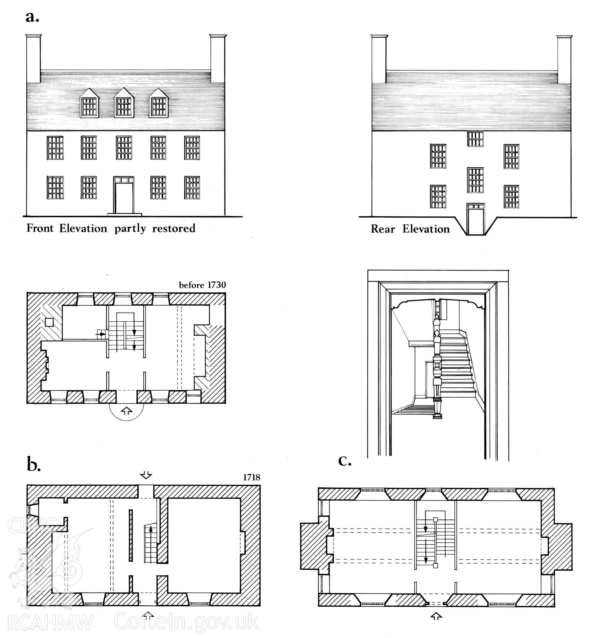 Multi-site RCAHMW drawing, 3 sites, (ink on linen) showing plan, elevation and detail of houses with central stair passage and gable chimney.  Published in Houses of the Welsh Countryside, fig 143.