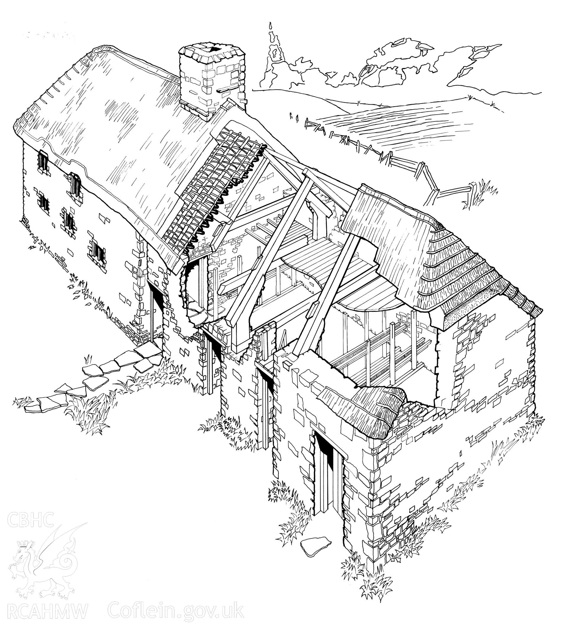 RCAHMW drawing (ink on linen) showing cutaway of Ty'r Celyn, Llandeilo, published in Houses of the Welsh Countryside, fig 108.