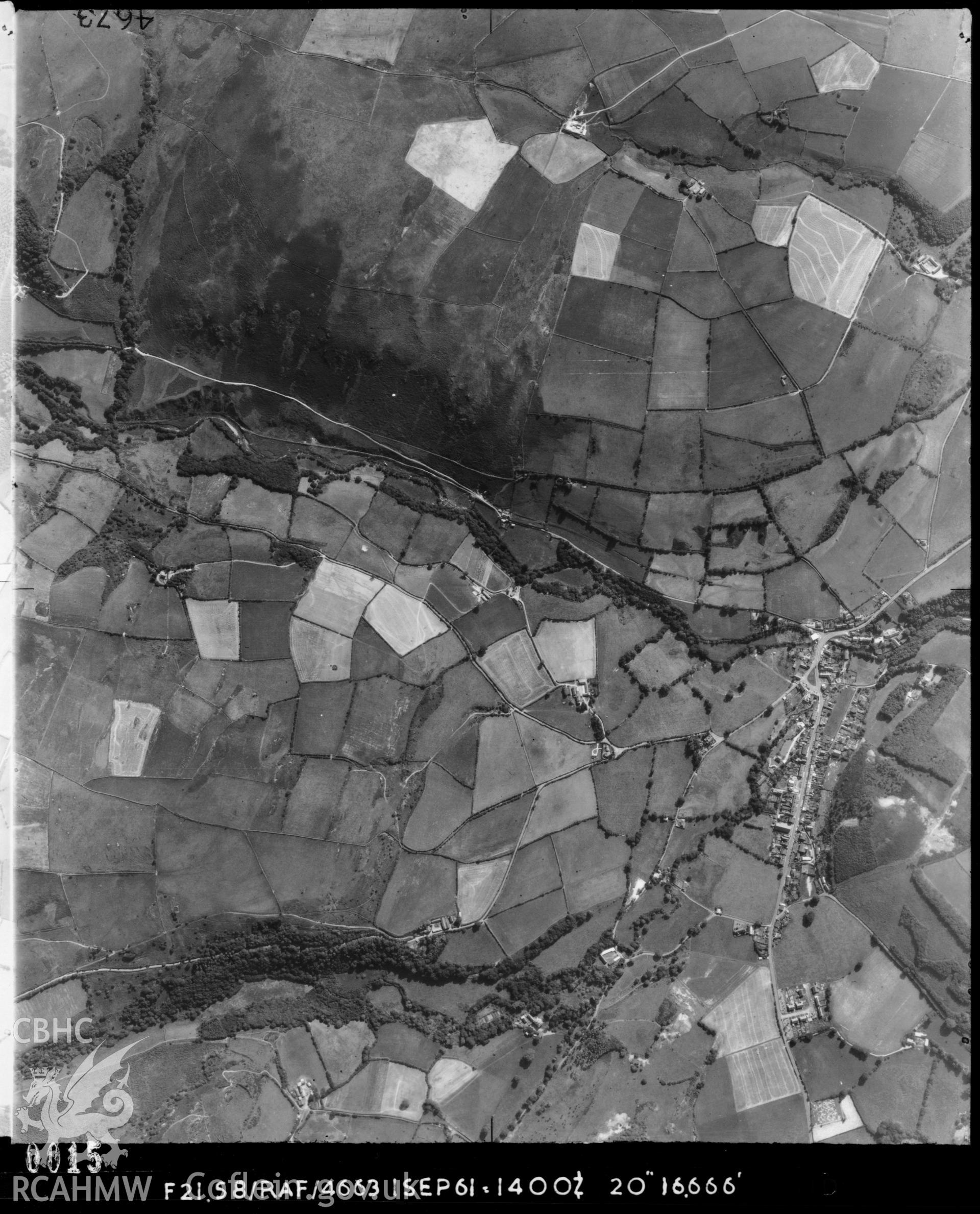 Black and white vertical aerial photograph of the Talybont area taken by the RAF in 1961.