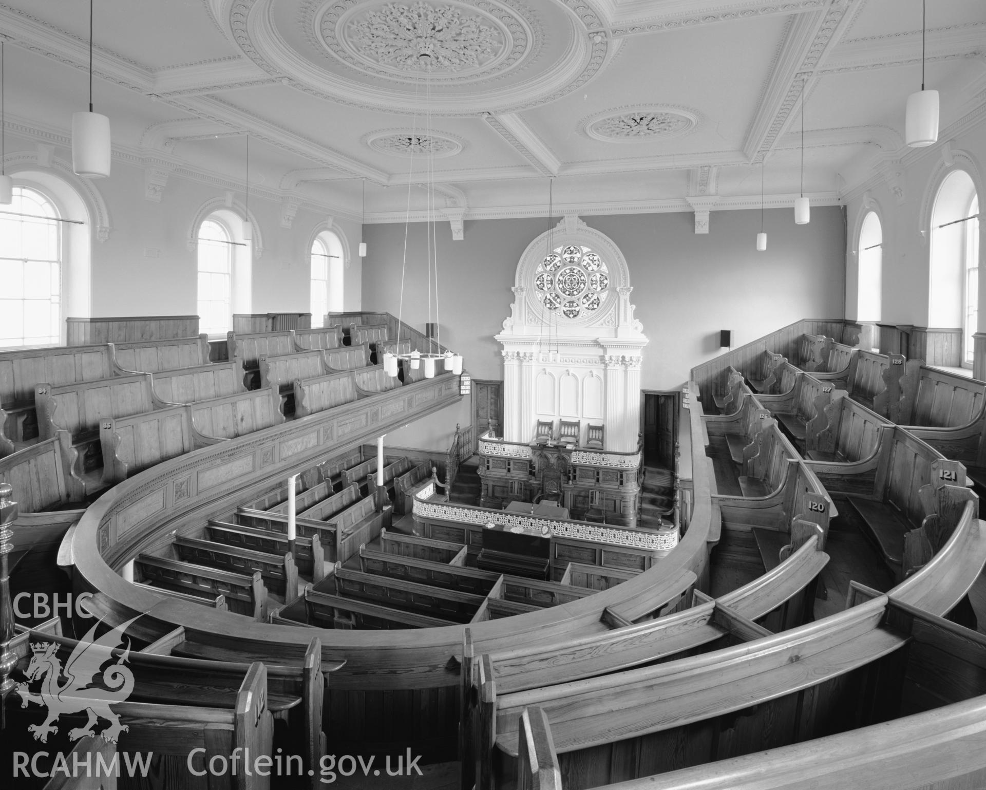 Black and white photo survey of Capel Bethel Welsh Baptist Chapel, Aberystwyth, consisting of 15 prints. Negatives held.