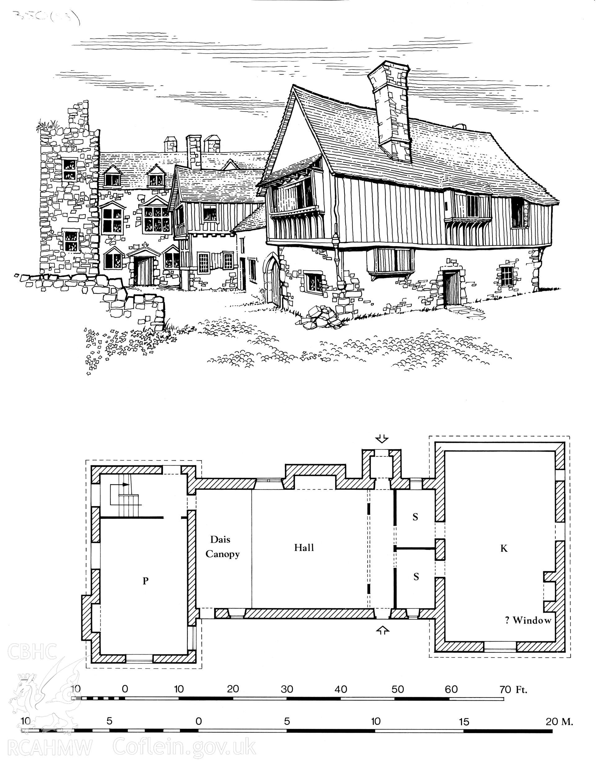RCAHMW drawing (ink on linen) showing plan & elevation of Henblas, Beaumaris.  Published in Houses of the Welsh Countryside, fig 60.