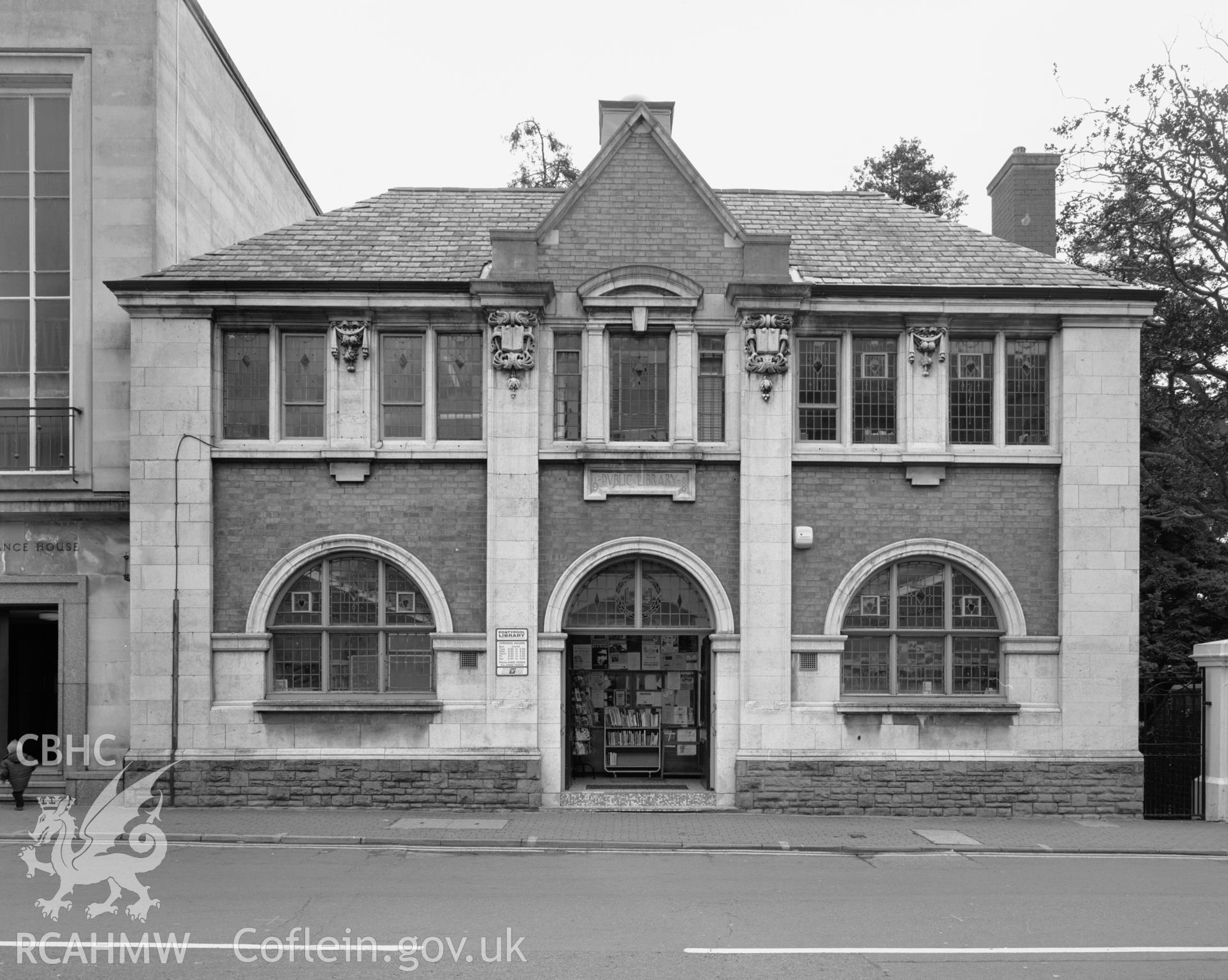 Pontypool Park Library; Two B&W photos taken by Iain Wright, 11th June 1998, negatives held. Produced for the "Buildings of Wales" Monmouthshire publication.
