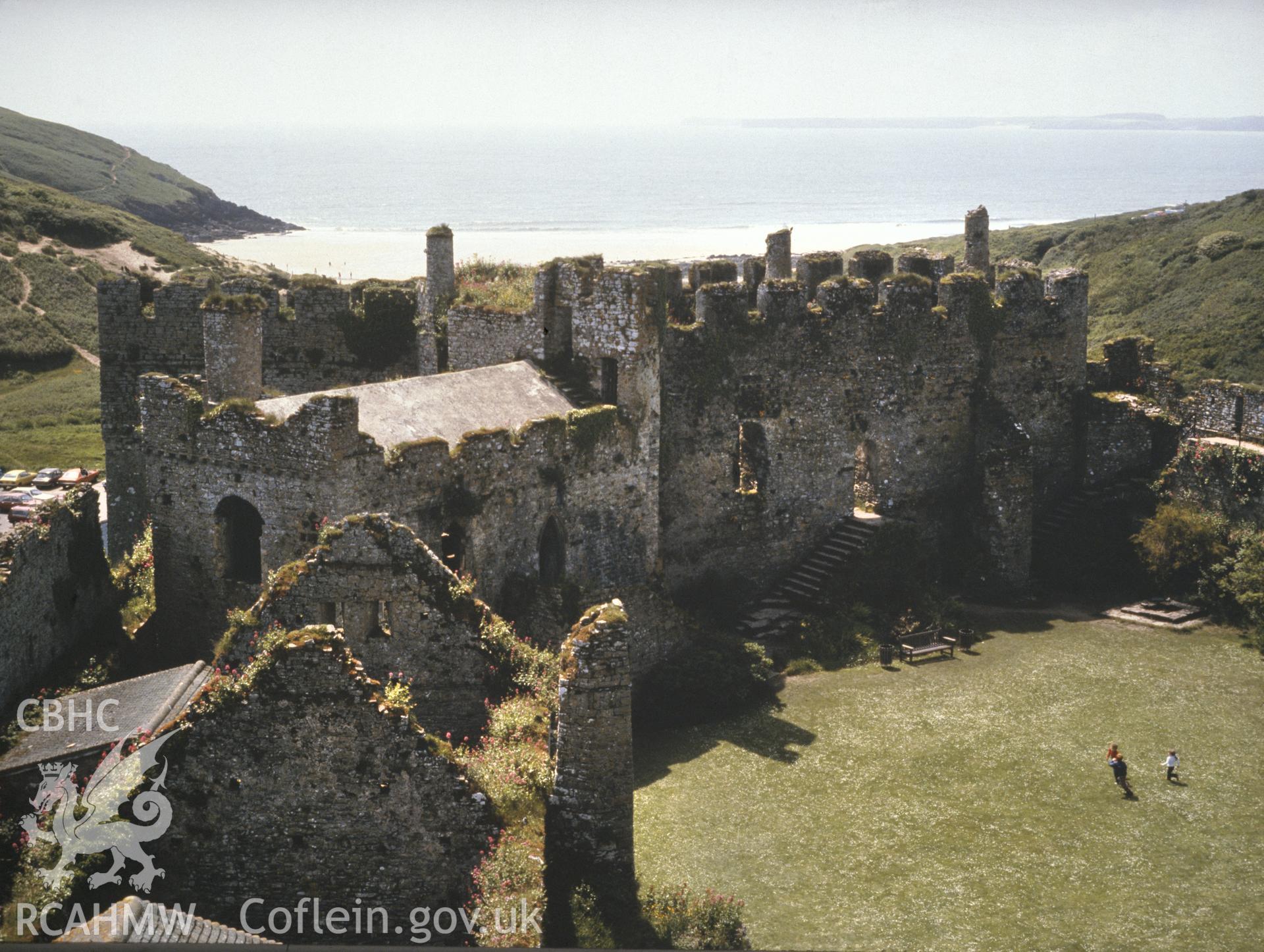 1 colour transparency showing view of Manorbier Castle, undated; collated by the former Central Office of Information.