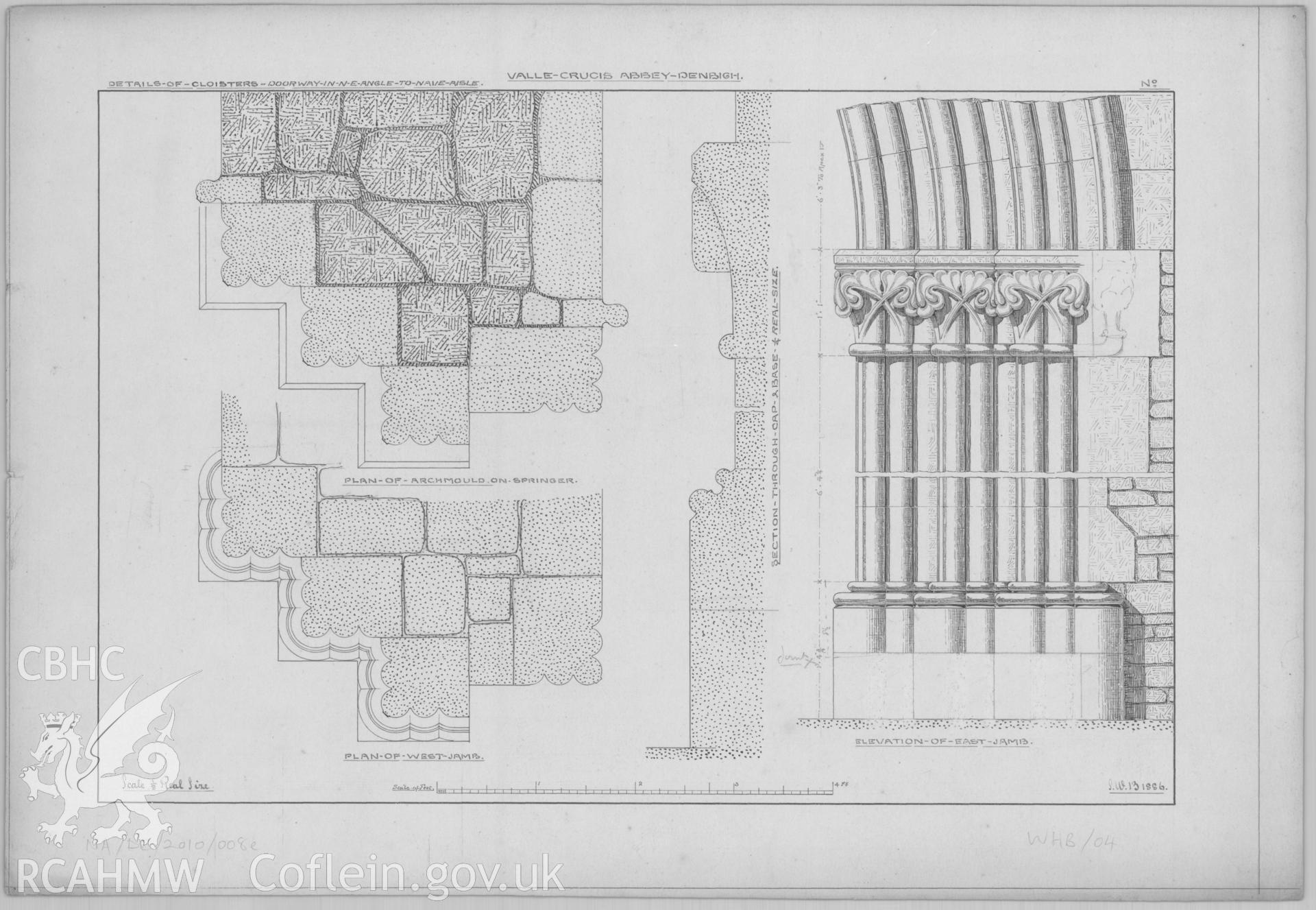 Original architectural drawing in pencil and ink showing details of the Cloisters at Valle Crucis Abbey, including plan of west jamb and elevation of east jamb. Produced by Hayward Brakspear and Sons in 1886.