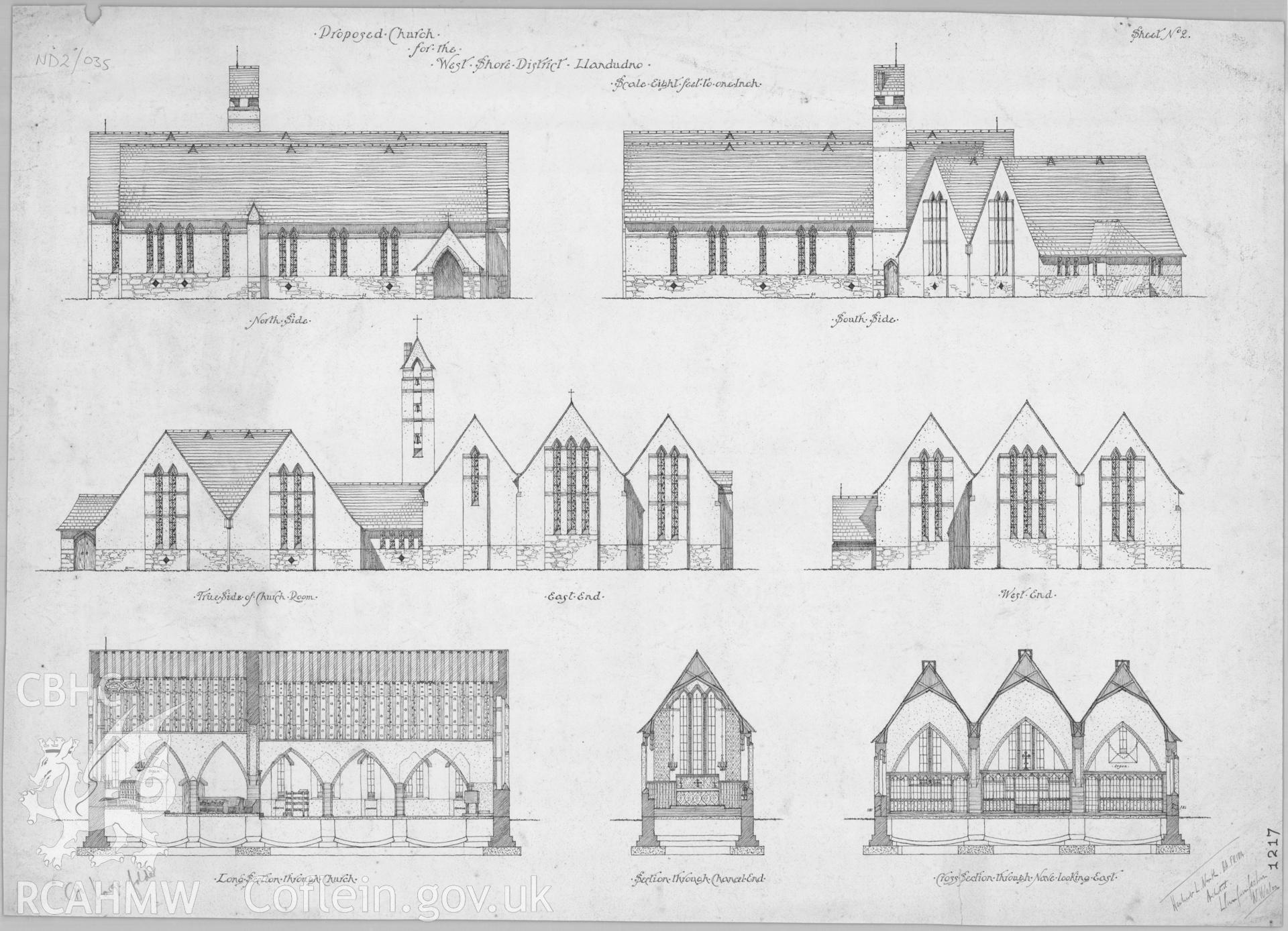 Elevations and sections of a proposed design for a church for the West Shore district of Llandudno (Our Saviour's Church), pen on paper, scale eight feet to one inch. The plan was submitted by North as an entry for an architectural competiton to design the church, but was unsuccessful. Our Saviour's Church is therefore built to a different design.