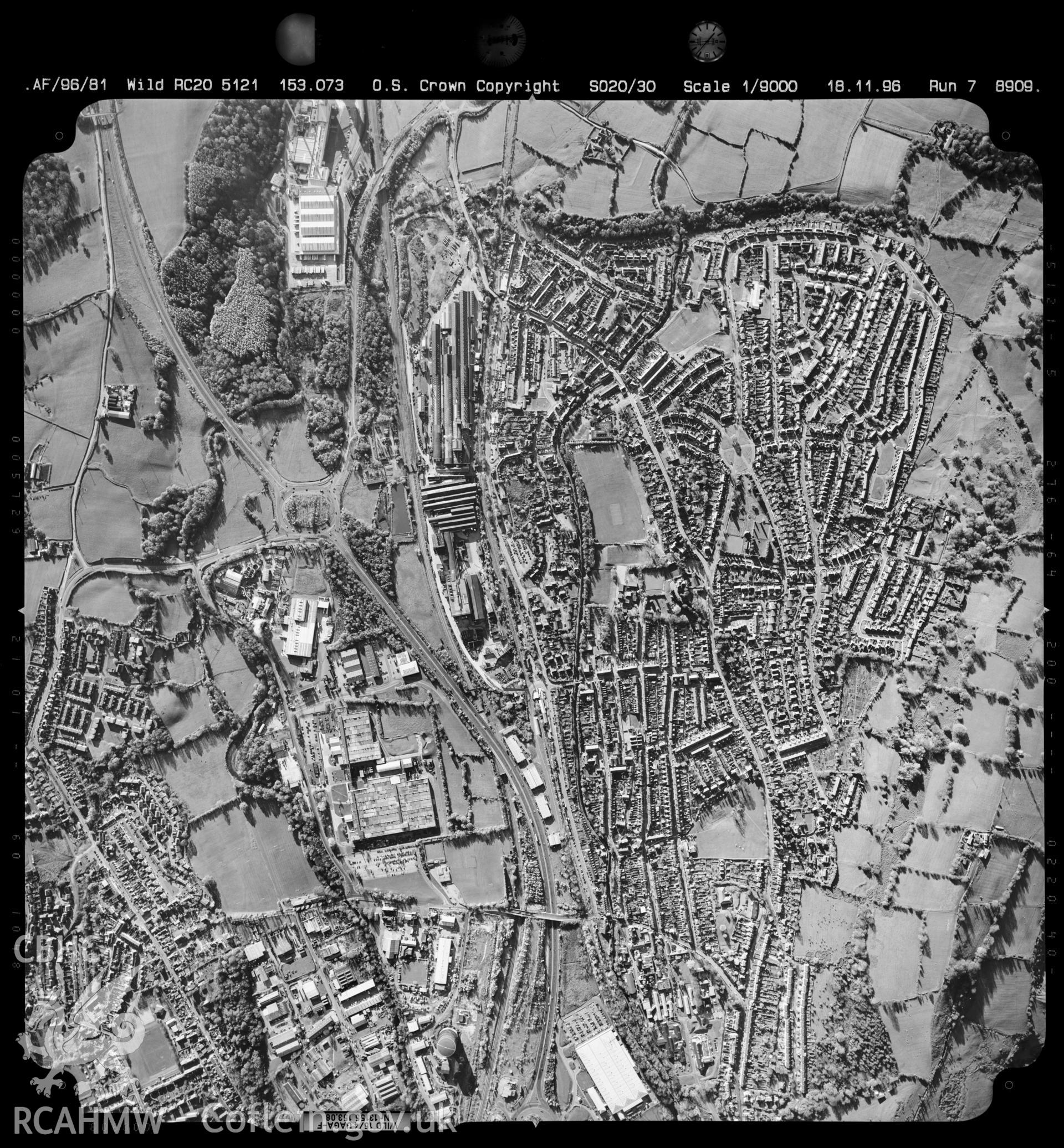 Digitized copy of an aerial photograph showing the Pontypool area, taken by Ordnance Survey, 1996.