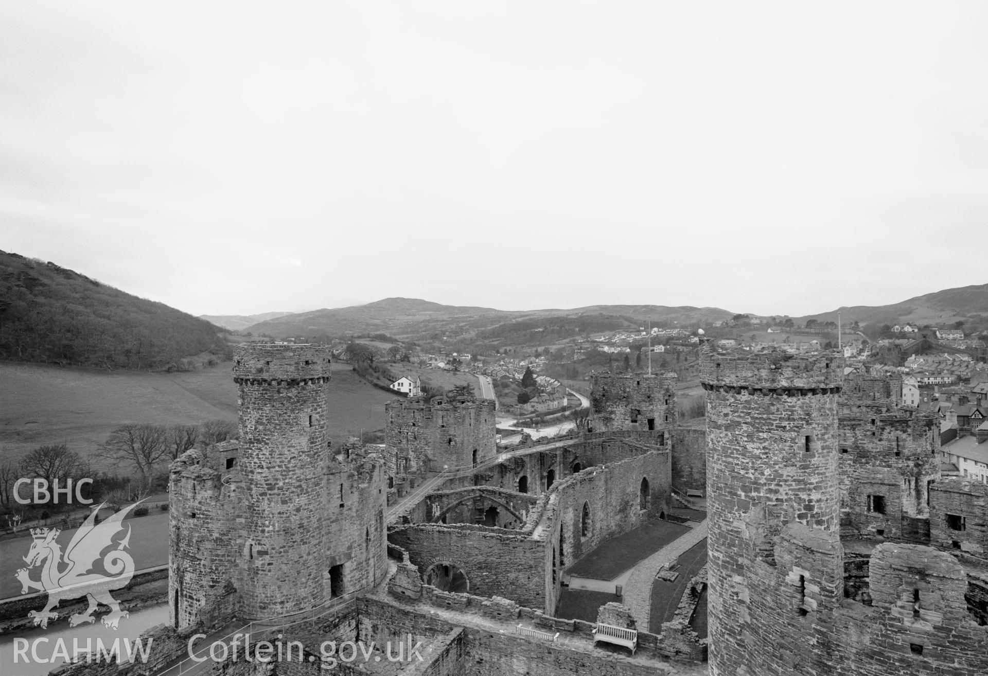 Photographic negative showing view of Harlech from the castle; collated by the former Central Office of Information.