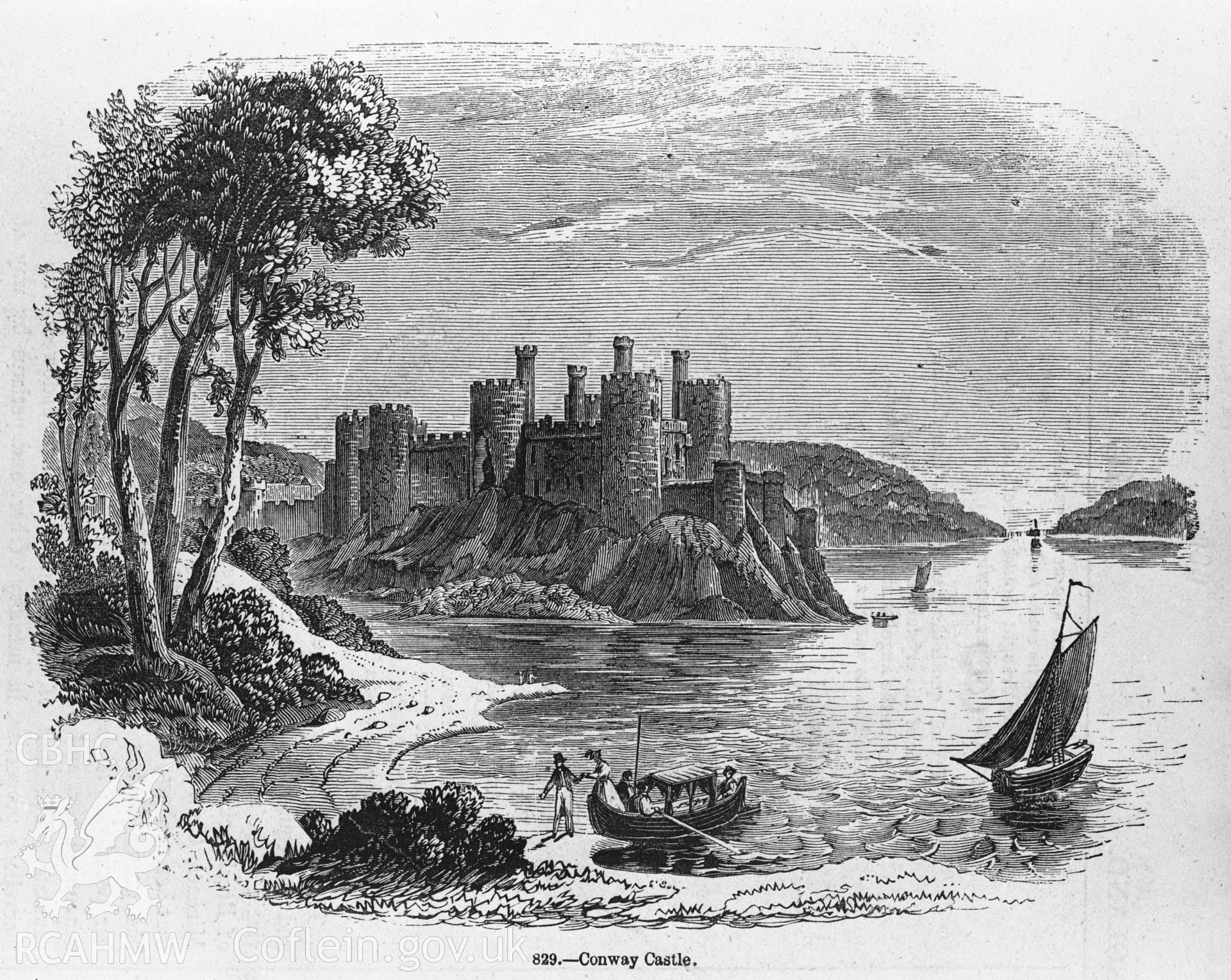 2 b/w prints - photographs of engraving showing view of Conwy castle (taken from 'Old England' p. 209, fig. 829), collated by the former Central Office of Information.