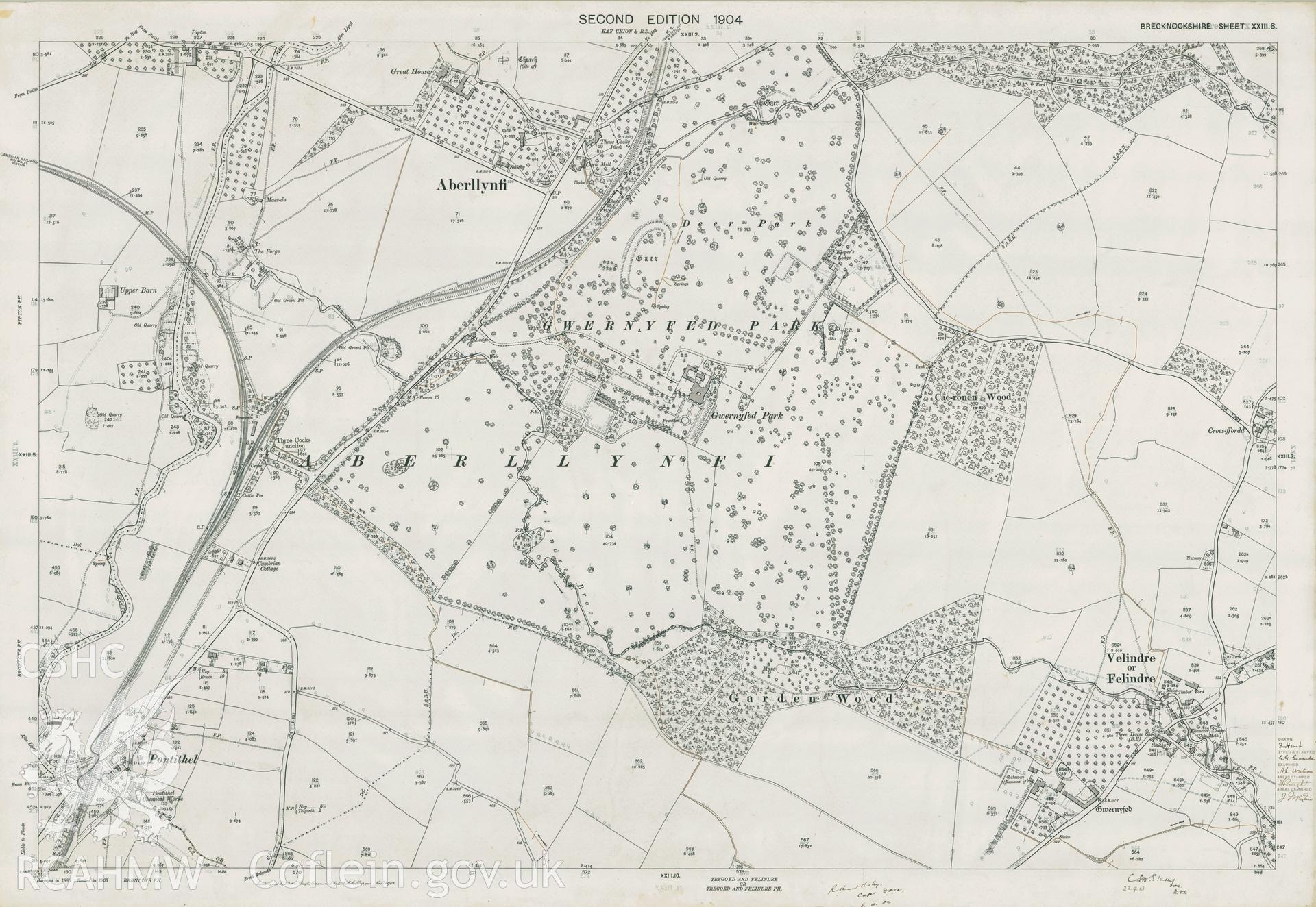 Digitized copy of Ordnance Survey 25 inch coloured map of Gwernyfed Park area 1904. Original size.