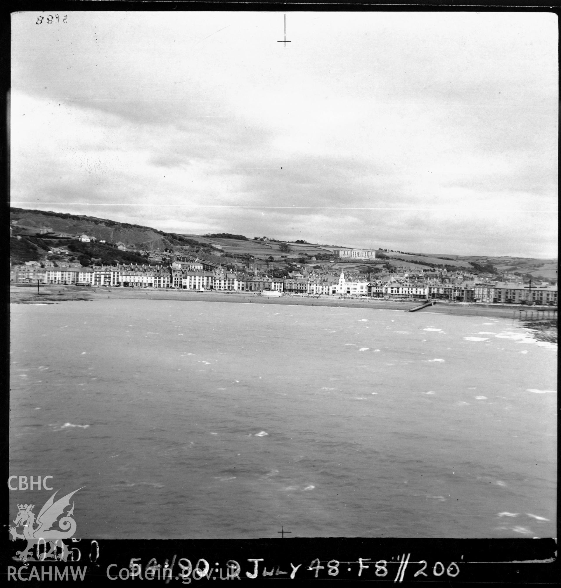 Black and white coastal oblique photograph taken by the RAF in 1948 centred on Aberystwyth