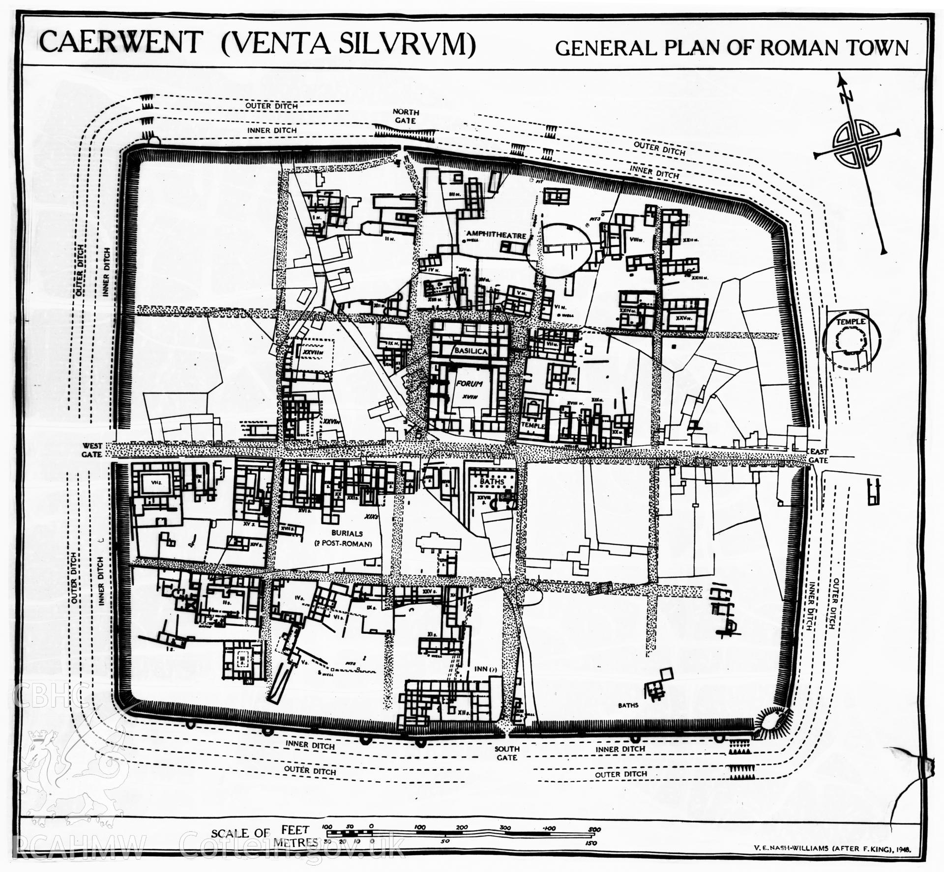 D.O.E photograph of Caerwent. Damaged neg., no prints.  P/c's made. Plan of Roman town.