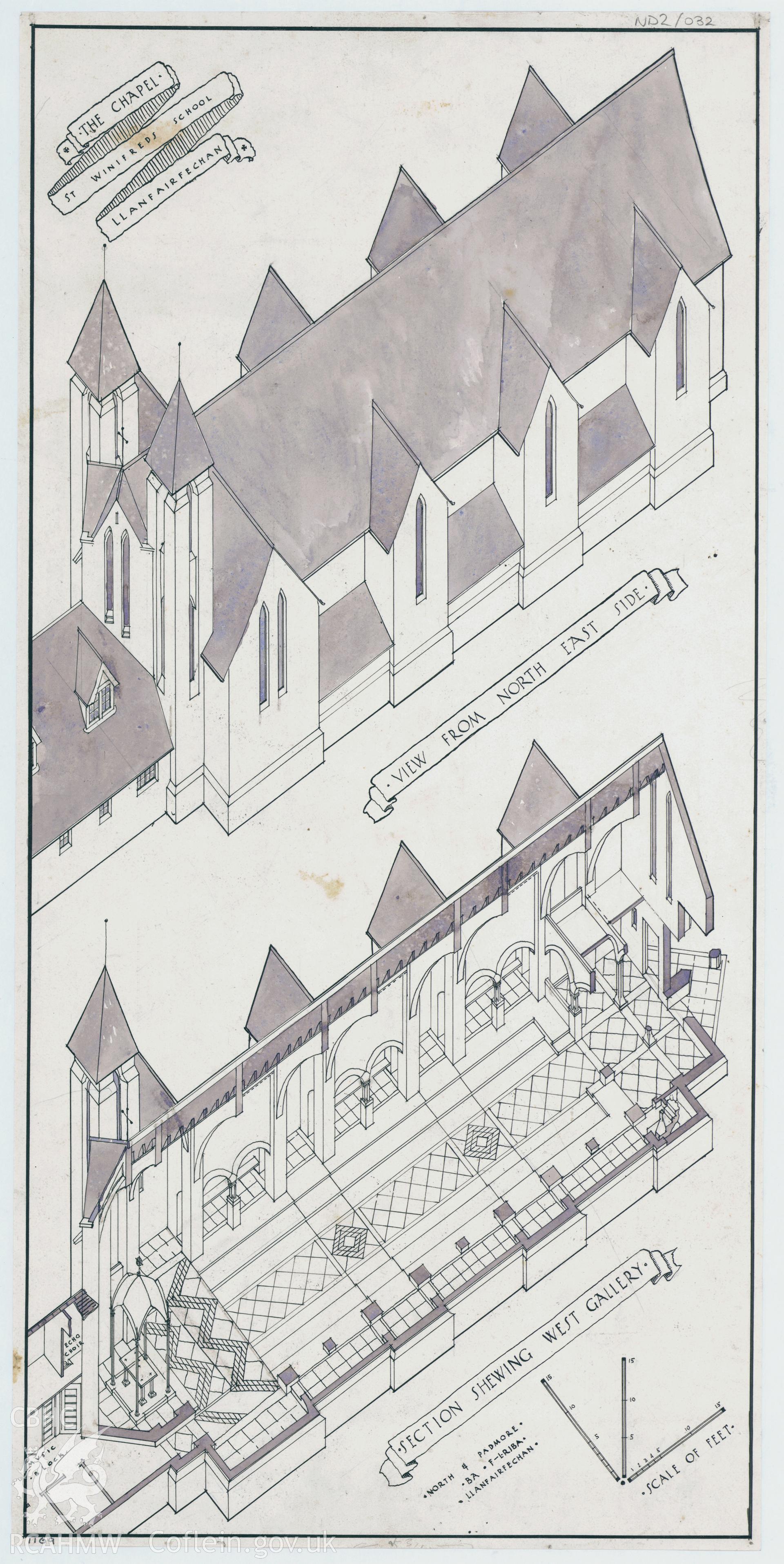 Isometric drawings of St Winifred's School chapel, showing a view from the north east side and a section of the west gallery, scale seven and a half feet to the inch, ink and grey wash on paper.