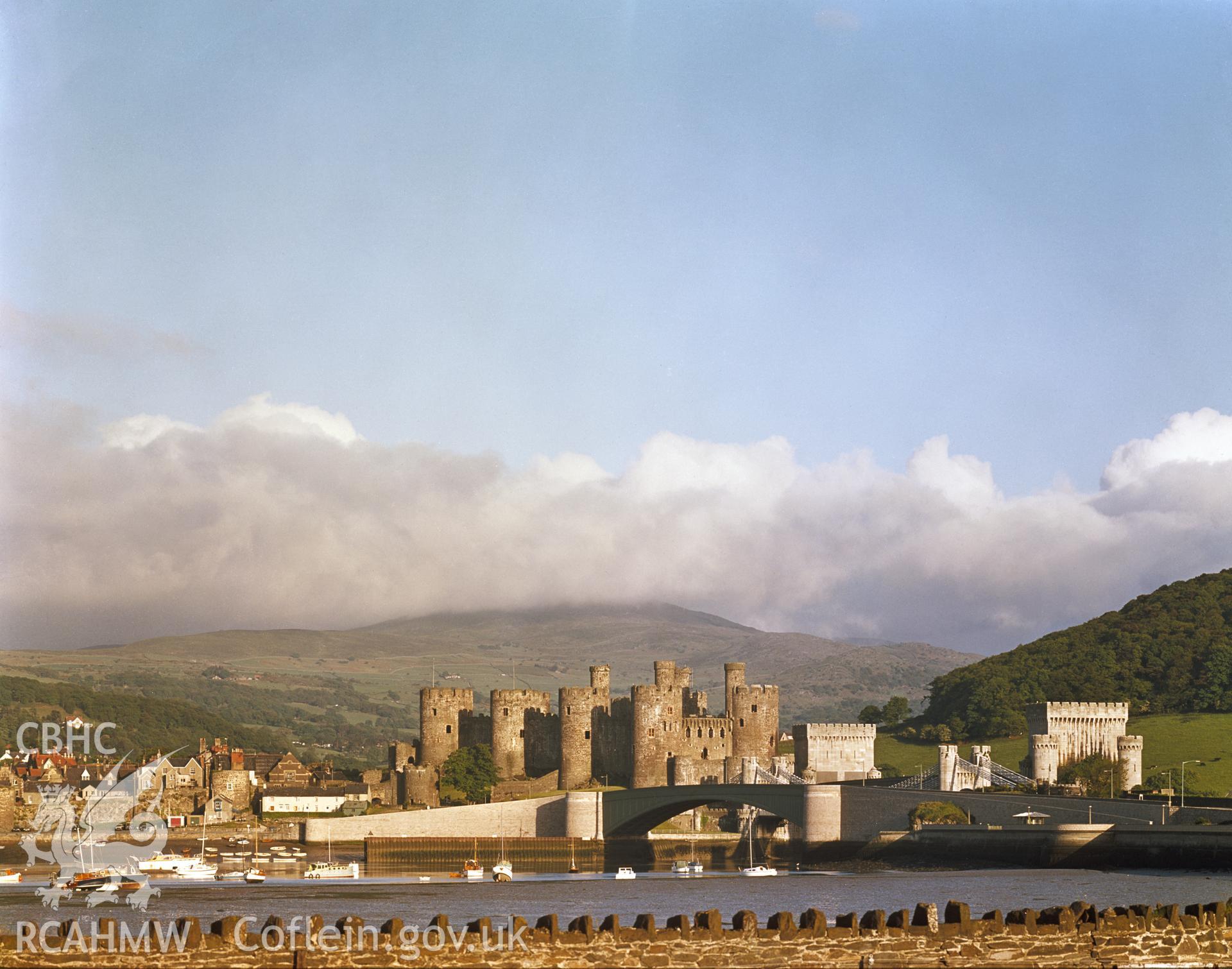 Photographic colour negative showing view of Conwy castle; collated by the former Central Office of Information.