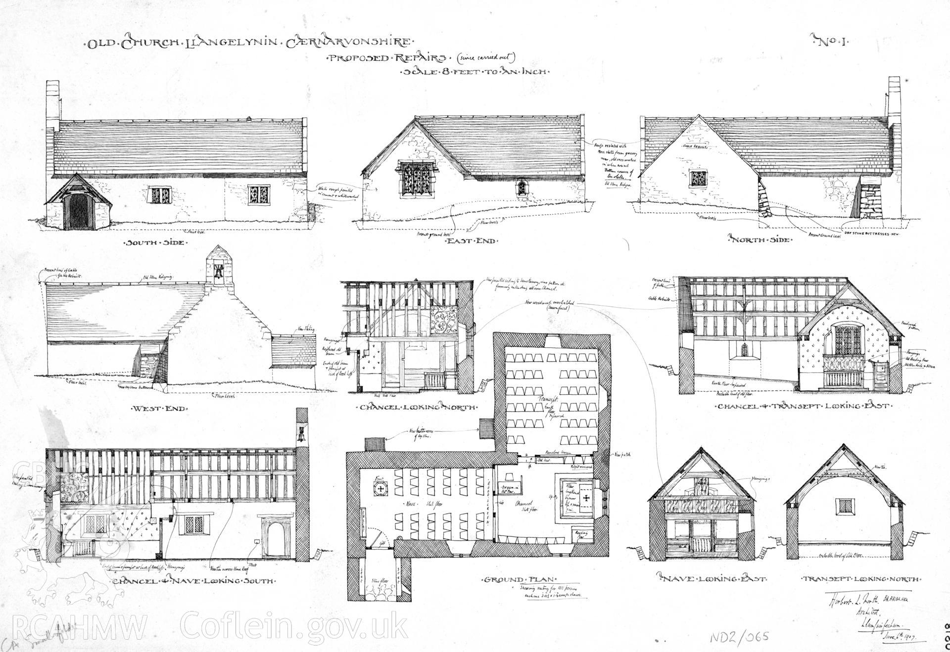 Elevations, plans and sections of proposed repairs, since carried out, to Celynin's Old Church, Llangelynin, scale eight feet to one inch, ink on carboard.