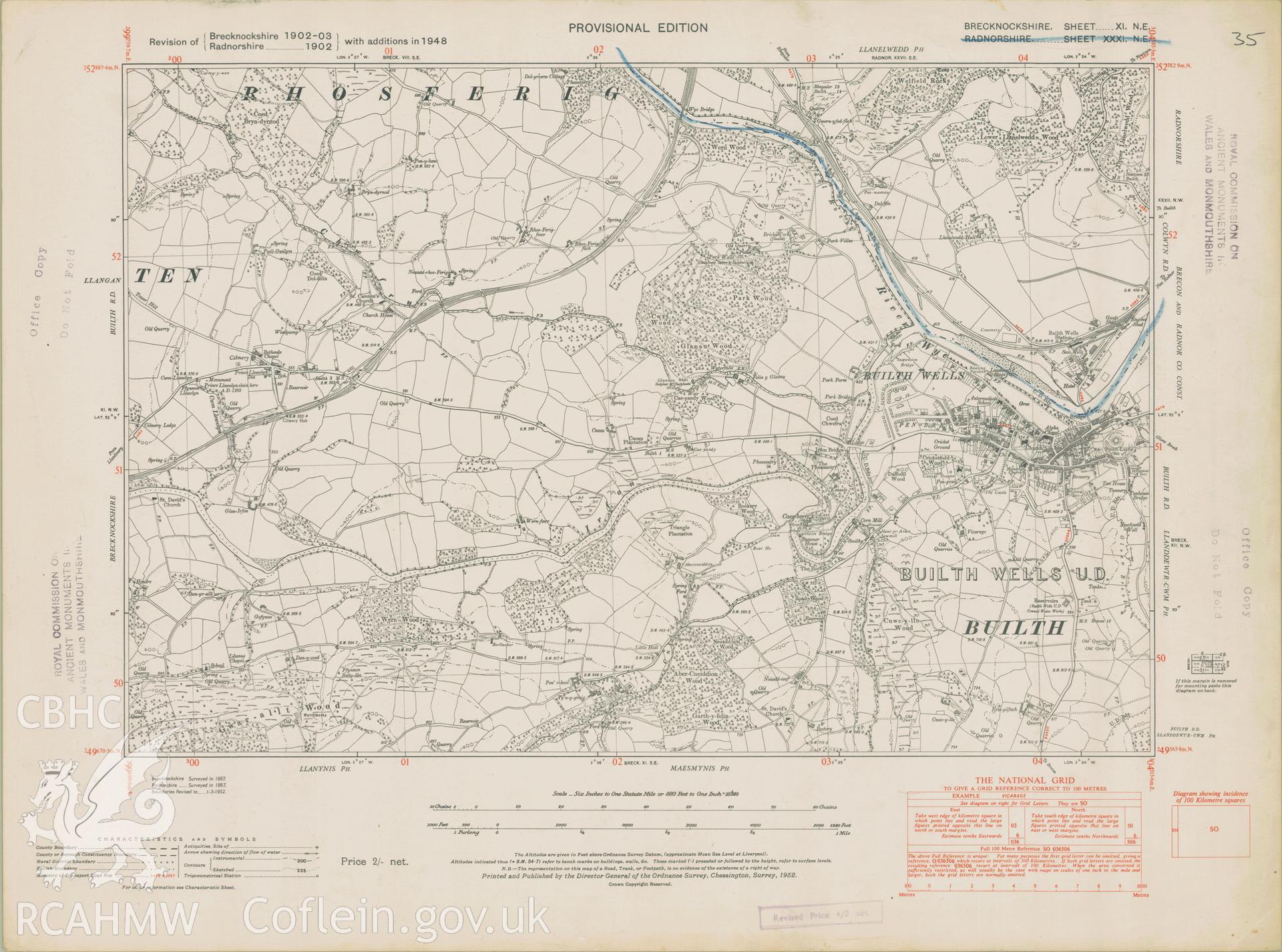 Digital copy of a six inch Ordnance Survey Provisional Edition map 1902-3 with additions in 1948, covering the area around Builth Wells.