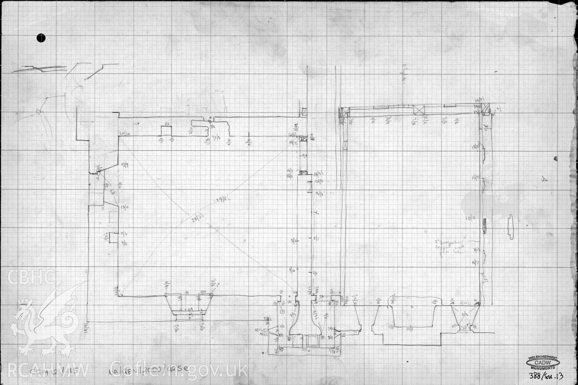 Tretower Court. Courtyard SW, sketch plan + dims. Cadw Ref. No: 388/sn.13.