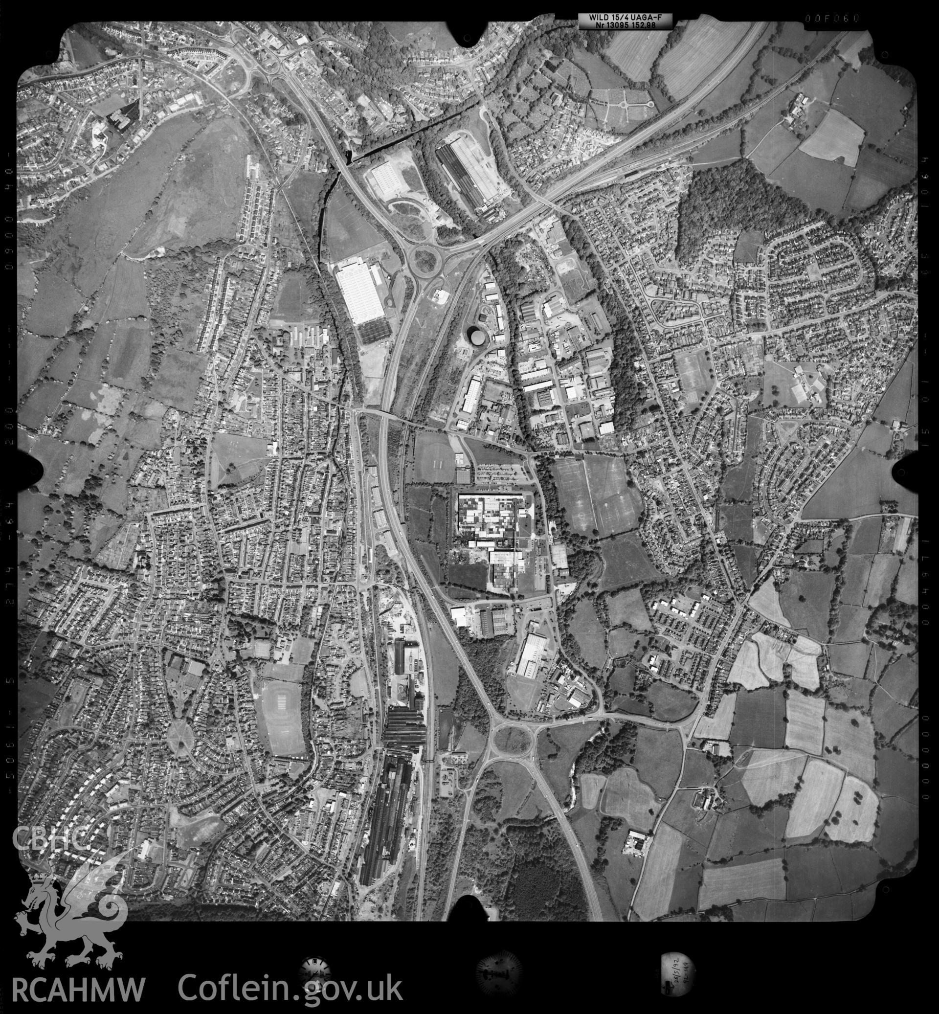 Digitized copy of an aerial photograph showing the Pontypool area, taken by Ordnance Survey, 1992.