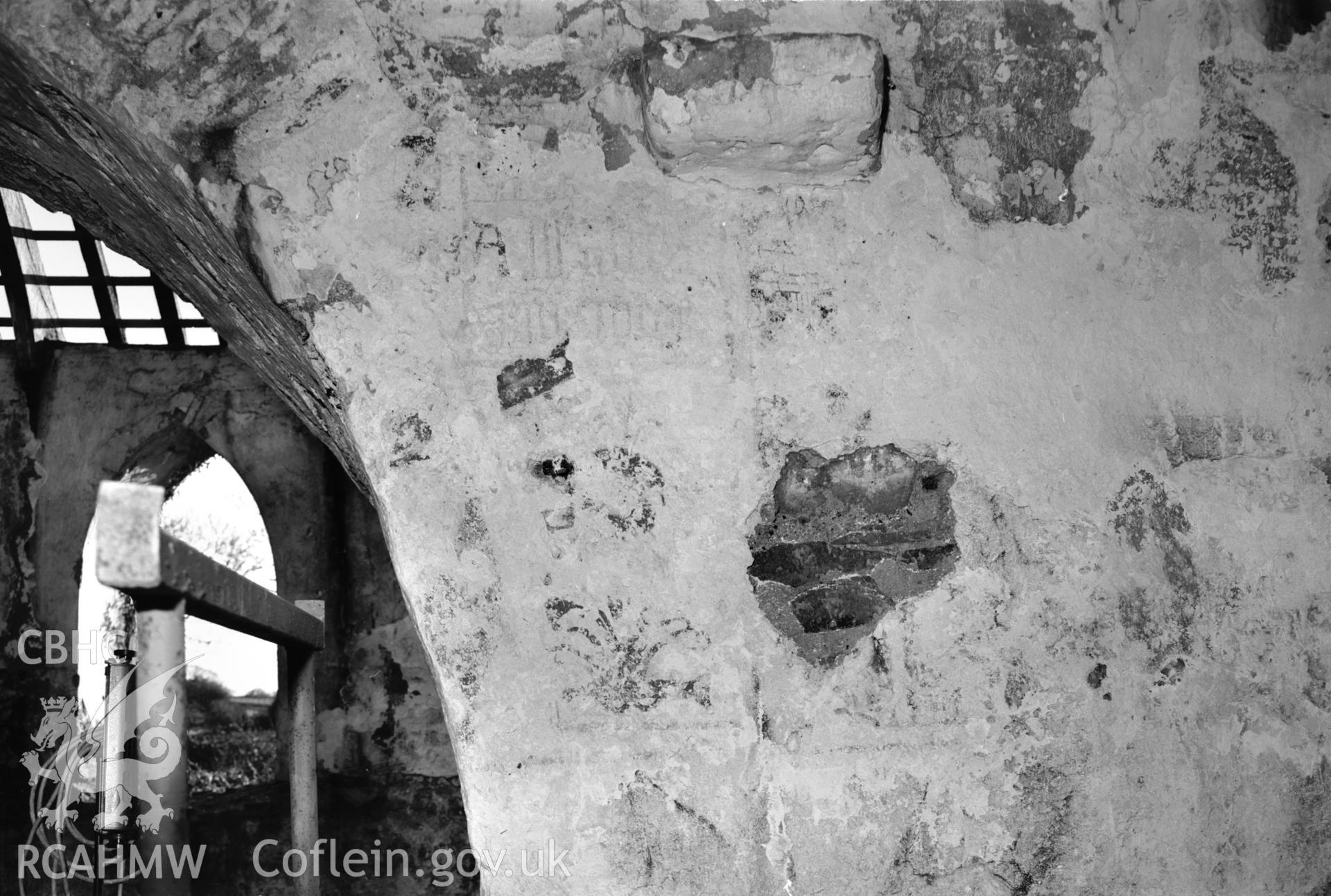 Detail view of the south wall of the nave at St. Teilo's Old Church  taken by RCAHMW during dismantling of the church prior to re-erection at St Fagans Welsh Folk Museum..