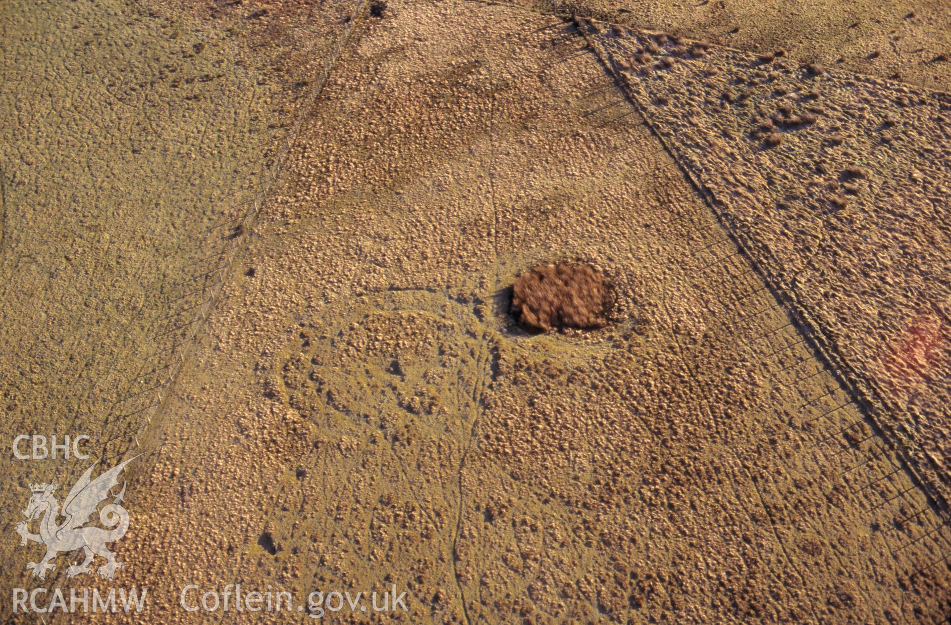 RCAHMW colour slide oblique aerial photograph of Cerrig Gaerau Stone Circle, Llanbrynmair, taken on 20/12/1998 by CR Musson