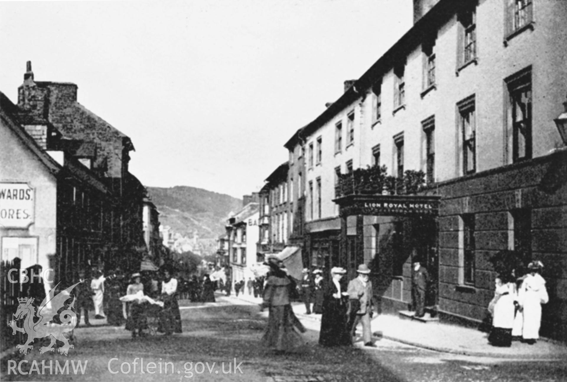Copy of black and white image of Aberystwyth Town, copied from early photograph showing Great Darkgate Street, loaned by David Williams.