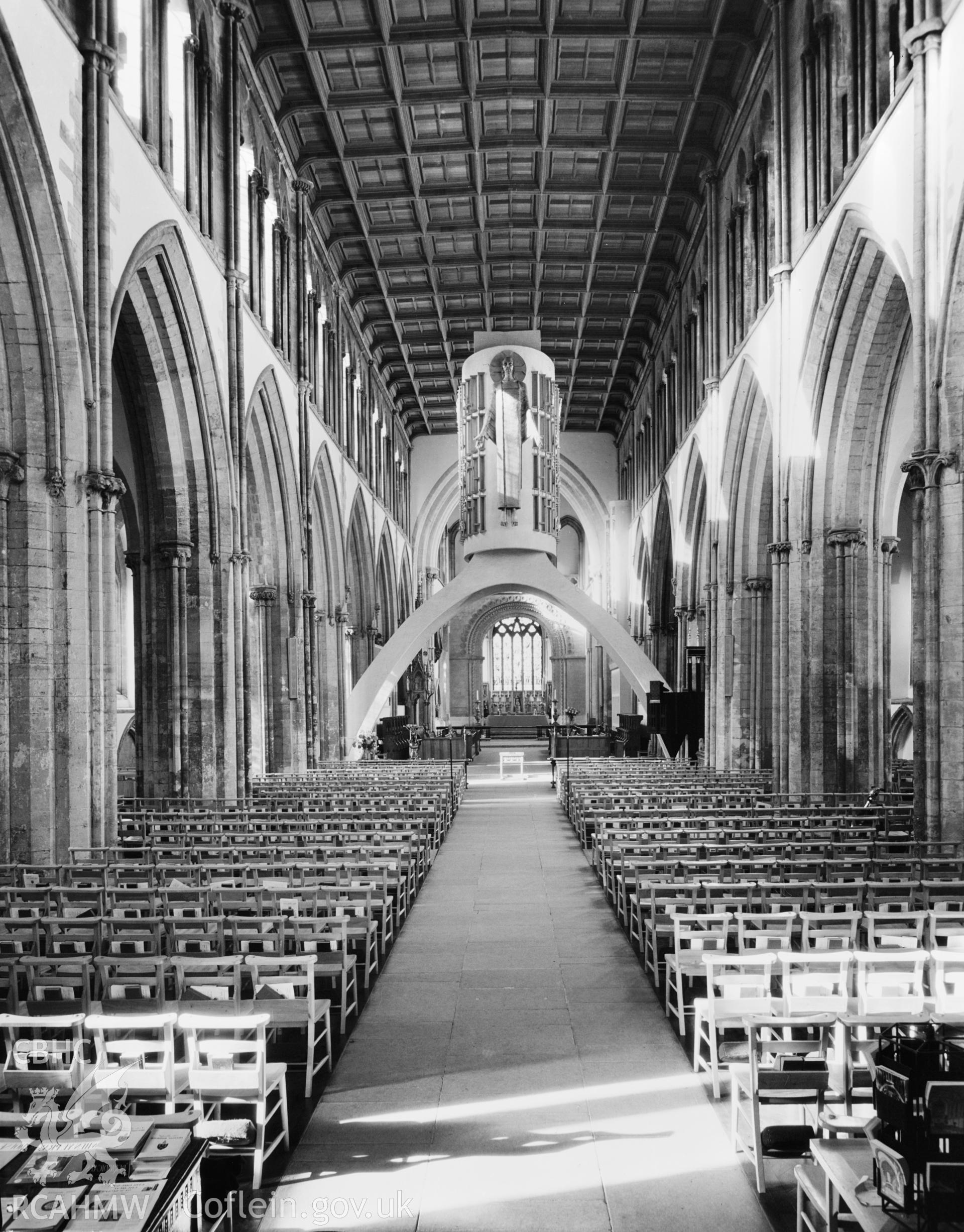 1 b/w print showing interior view of Llandaff Cathedral, Cardiff, sincluding Epstein's 'Risen Christ' arch; collated by the former Central Office of Information.