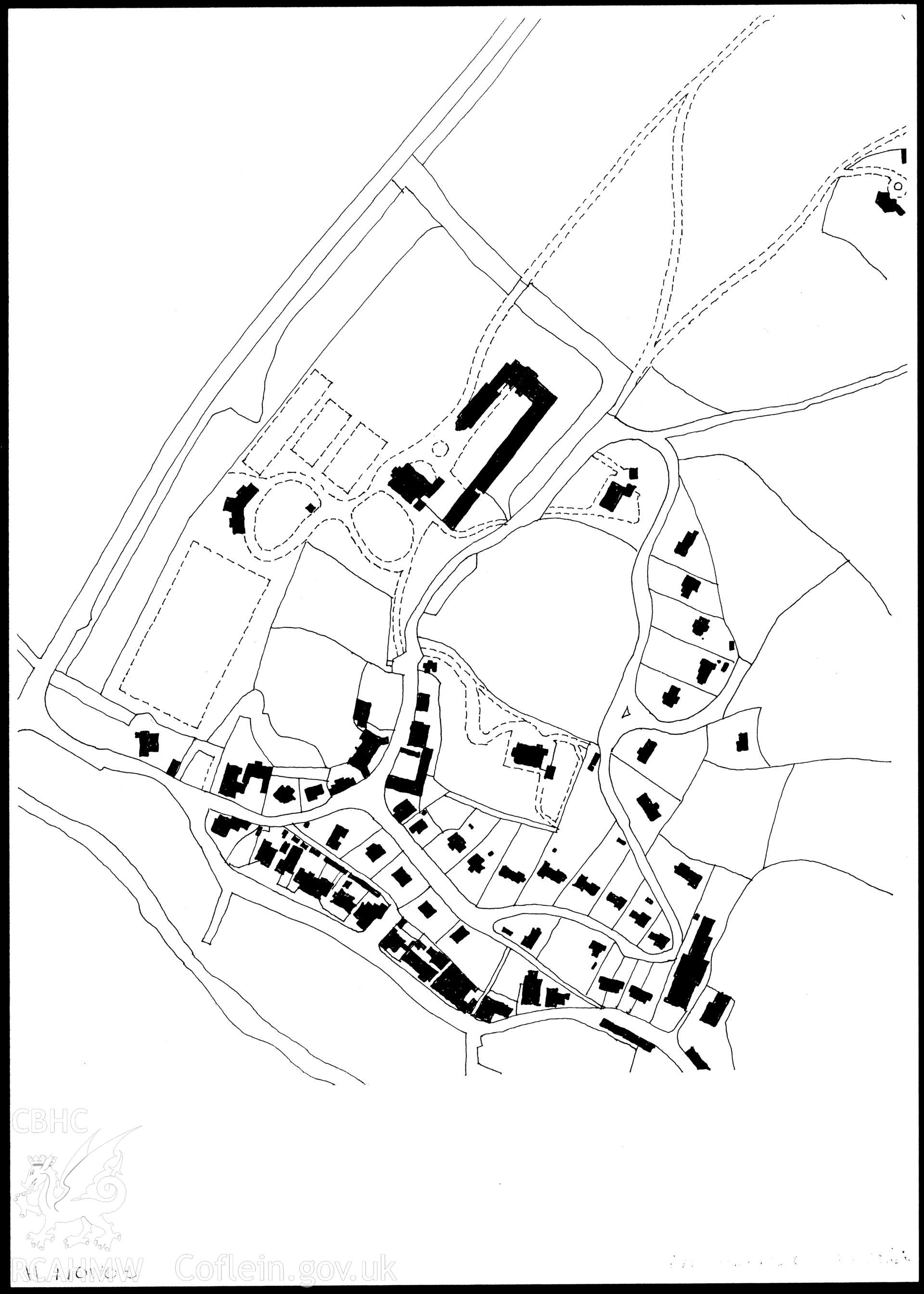 Annotated plan of the village of Llanfairfechan showing the houses built by H.L. North, produced by Adam Voelcker, 2009. 'Herbert Luck North. Arts and Crafts Architecture for Wales', page 52.