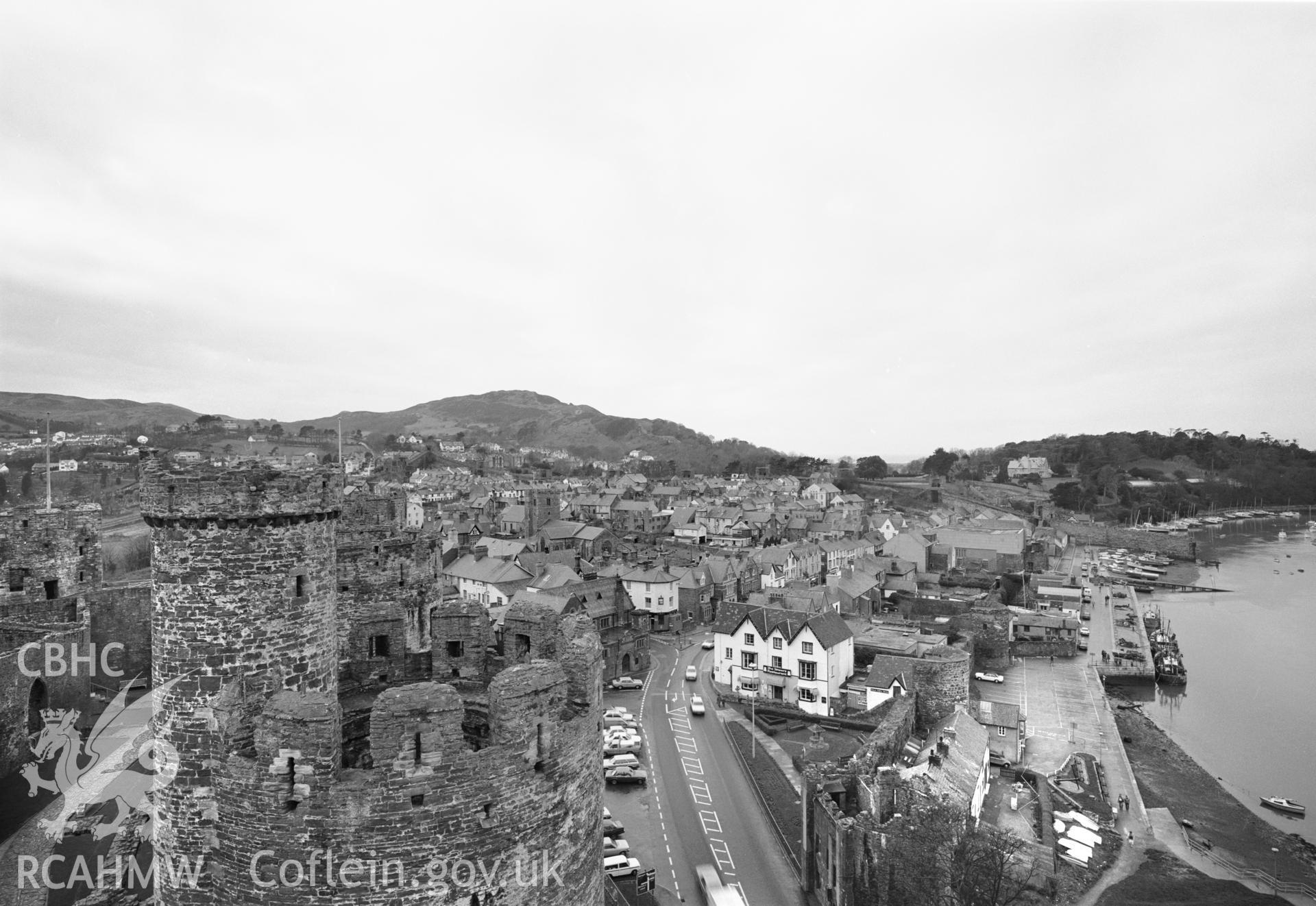 Photographic negative showing view of Harlech from the castle; collated by the former Central Office of Information.