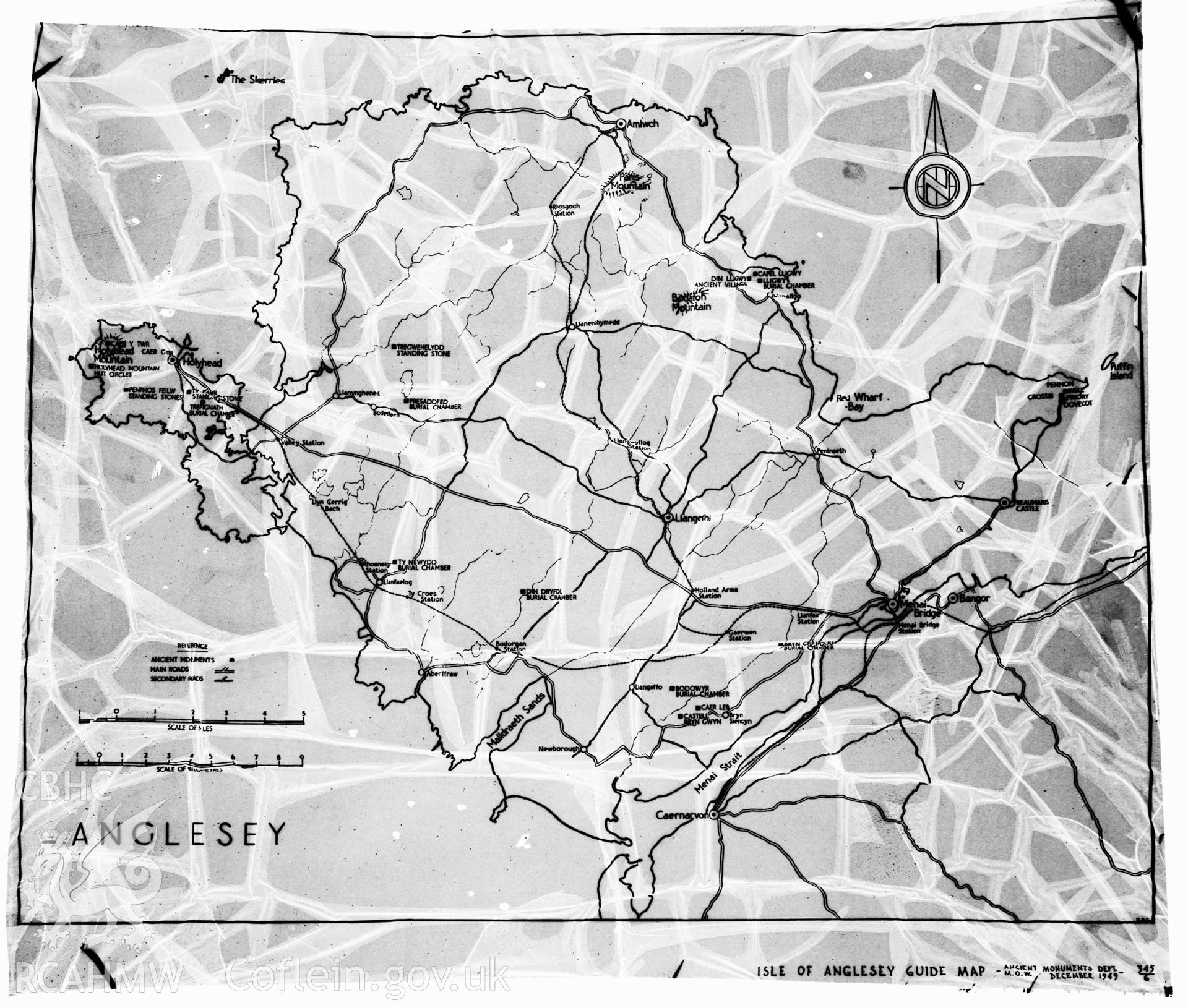 D.O.E. black and white negative showing a map of Anglesey as published in a  Guide Book of 1949.