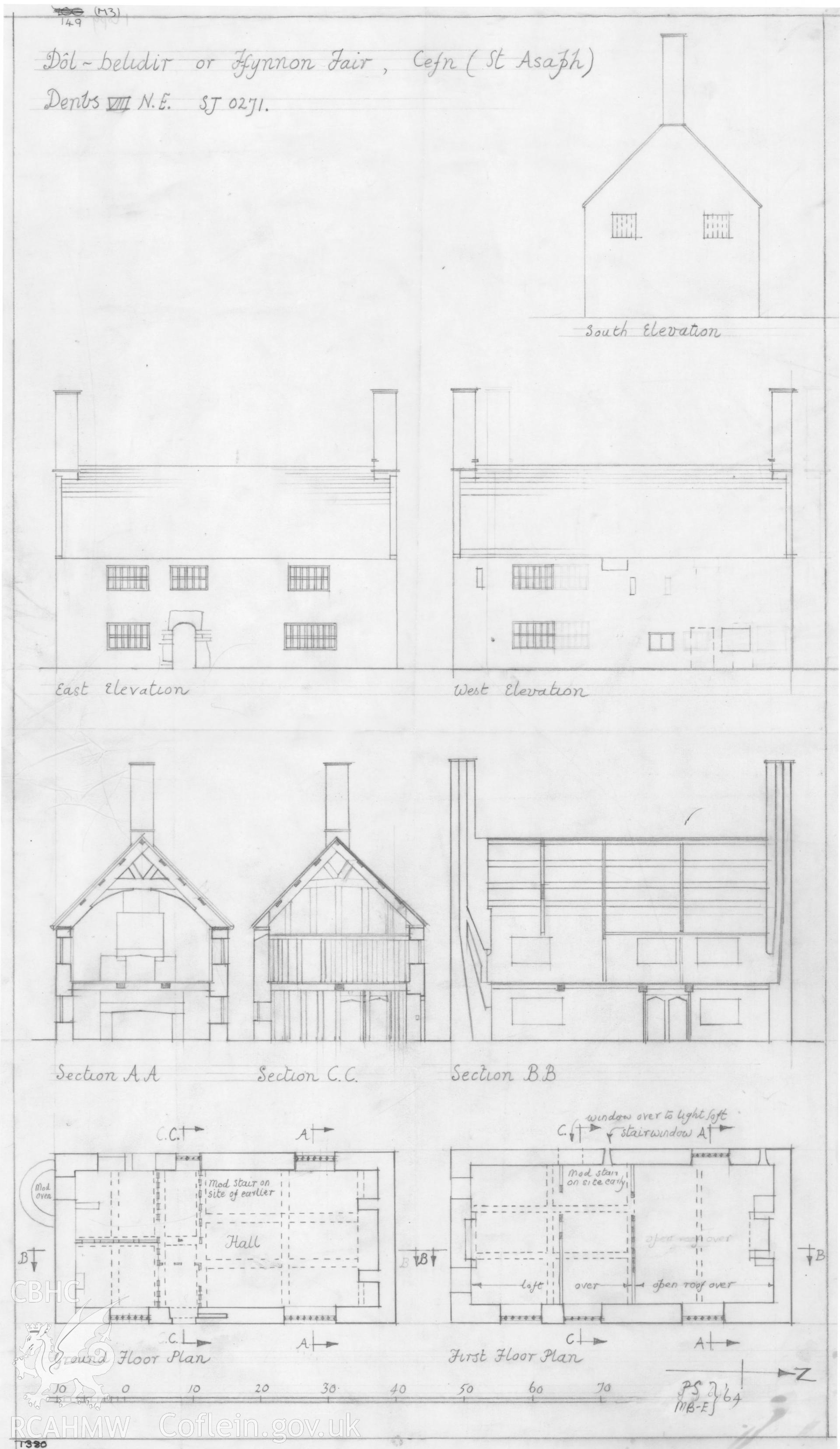 RCAHMW drawing showing plan, elevation and section at Dolbelydir, Cefn.