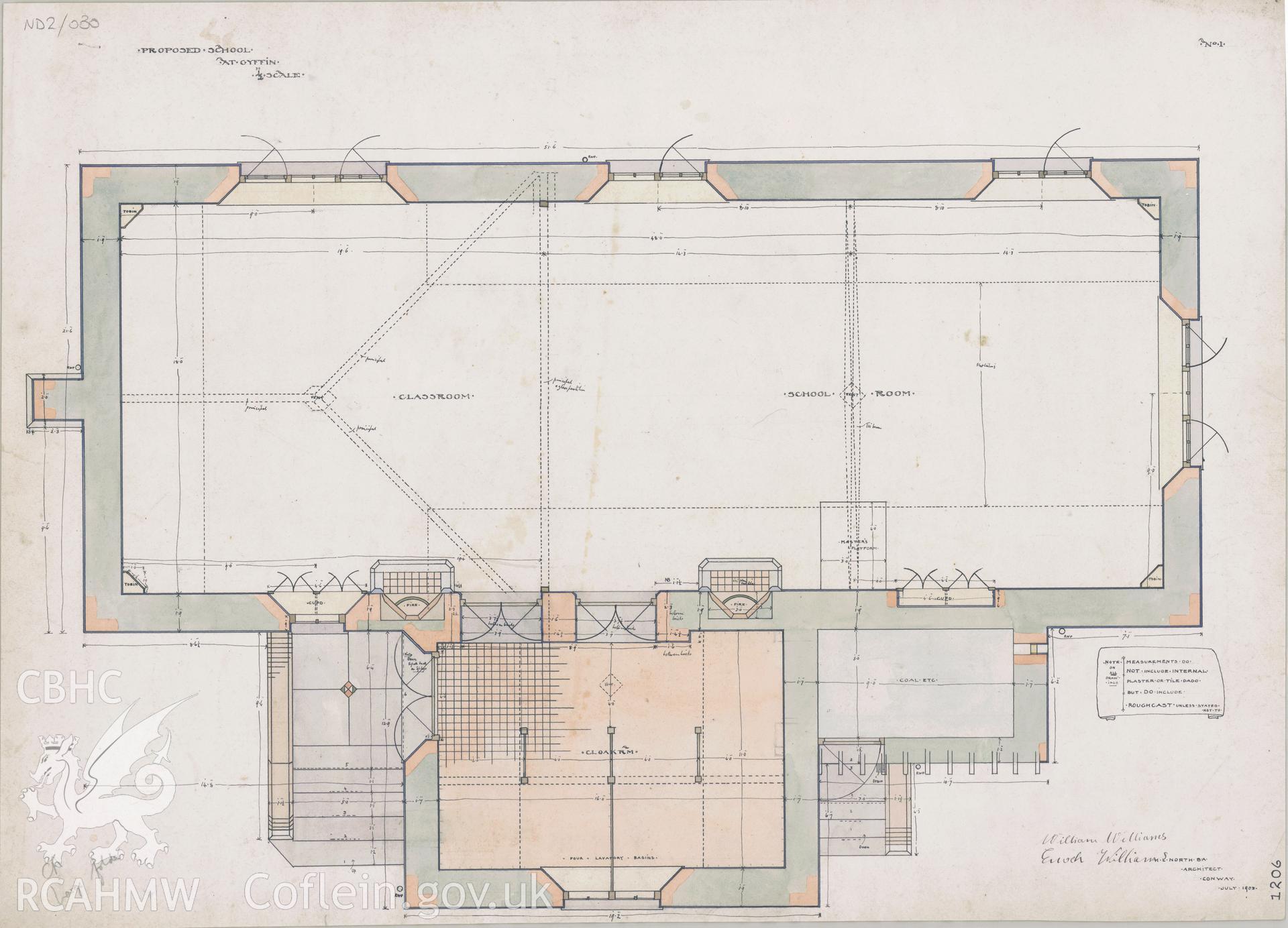 Ground floor plan for Gyffin National School main building, including the classroom, school room and cloakroom, pen and colour wash on paper, two feet to one inch.