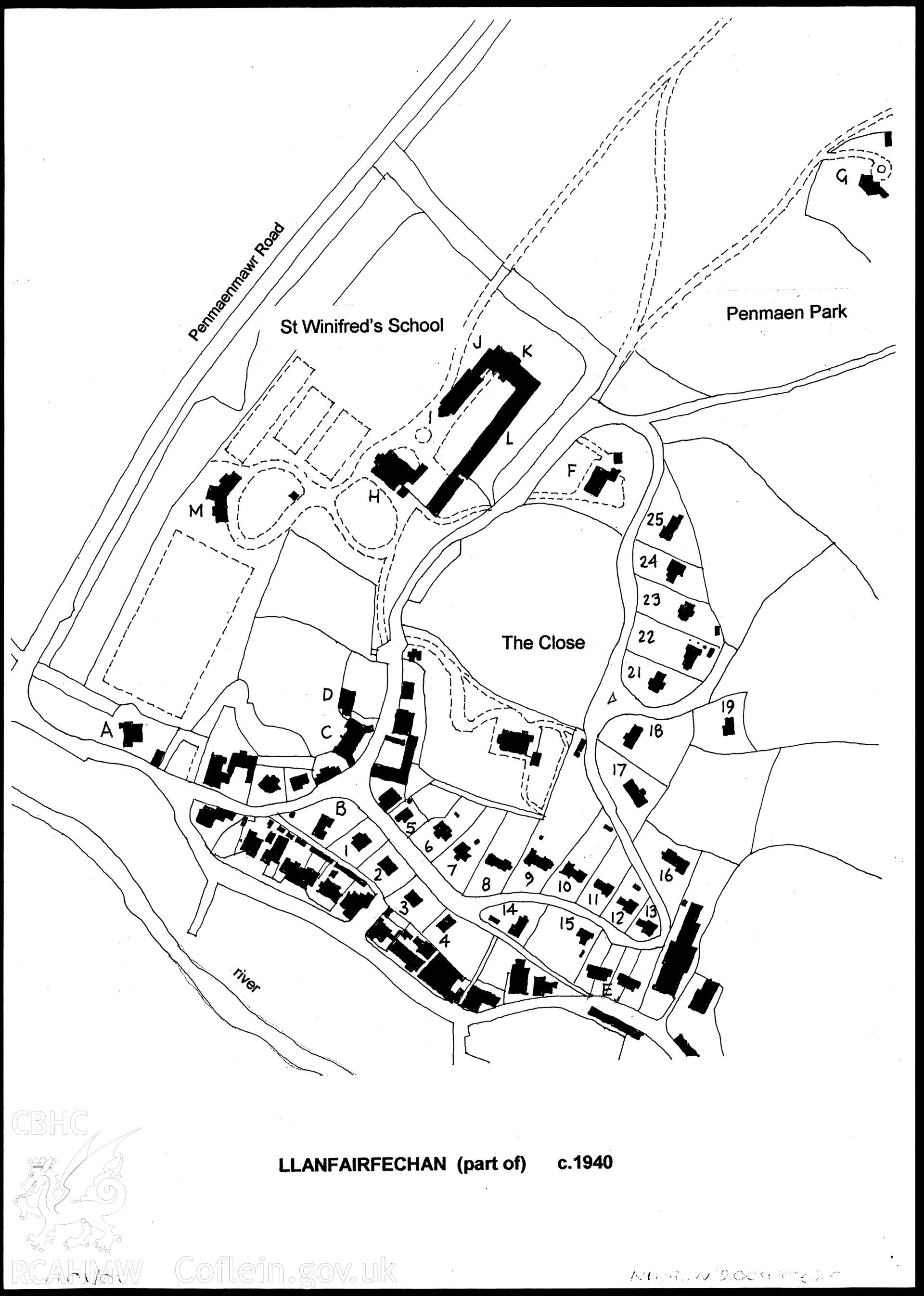 Annotated plan of the village of Llanfairfechan showing the houses built by H.L. North, produced by Adam Voelcker, 2009. 'Herbert Luck North. Arts and Crafts Architecture for Wales', page 52.