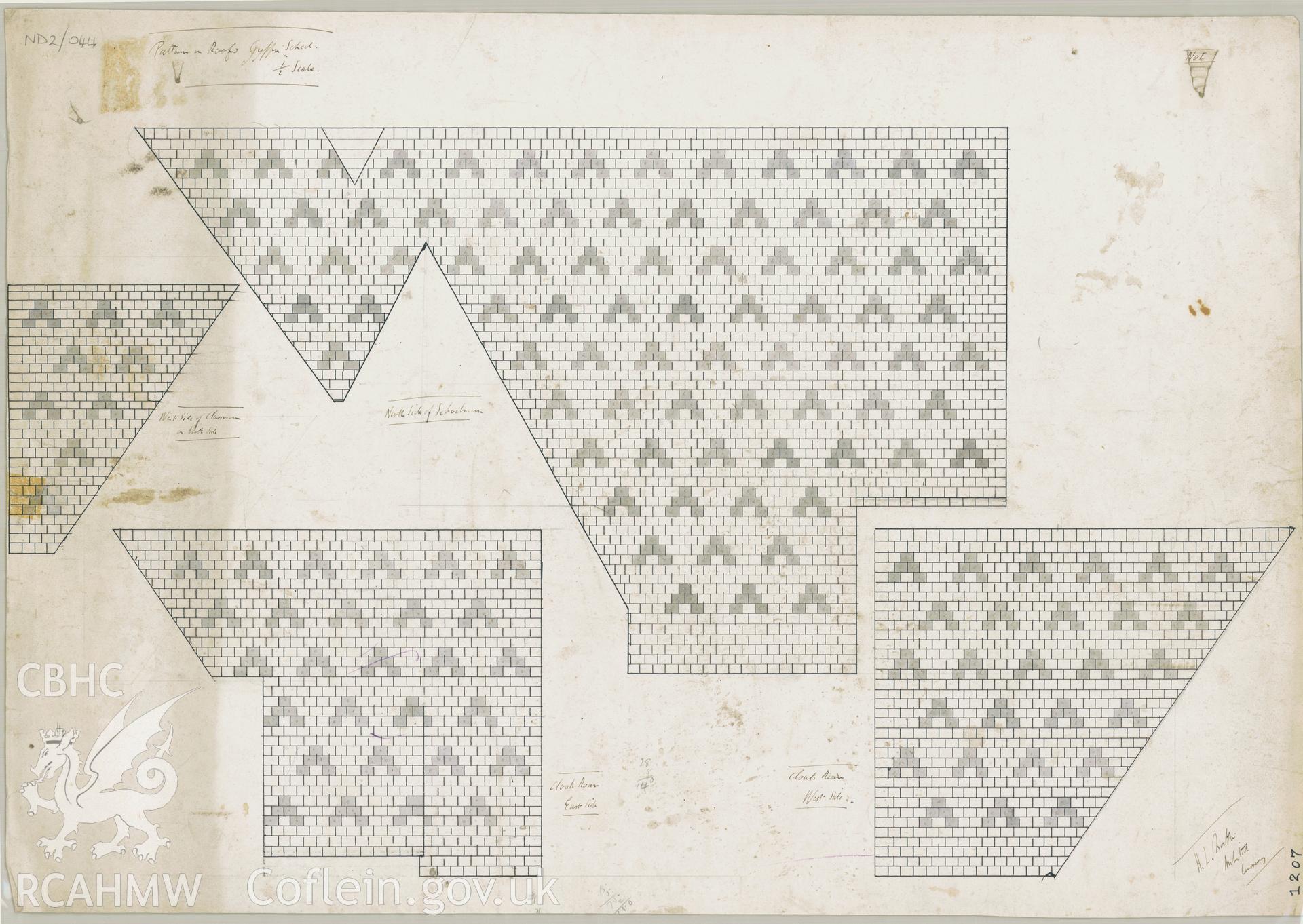 Plans for the pattern of decorative roofing for Gyffin National School, scale two feet to one inch, ink with grey wash on paper.