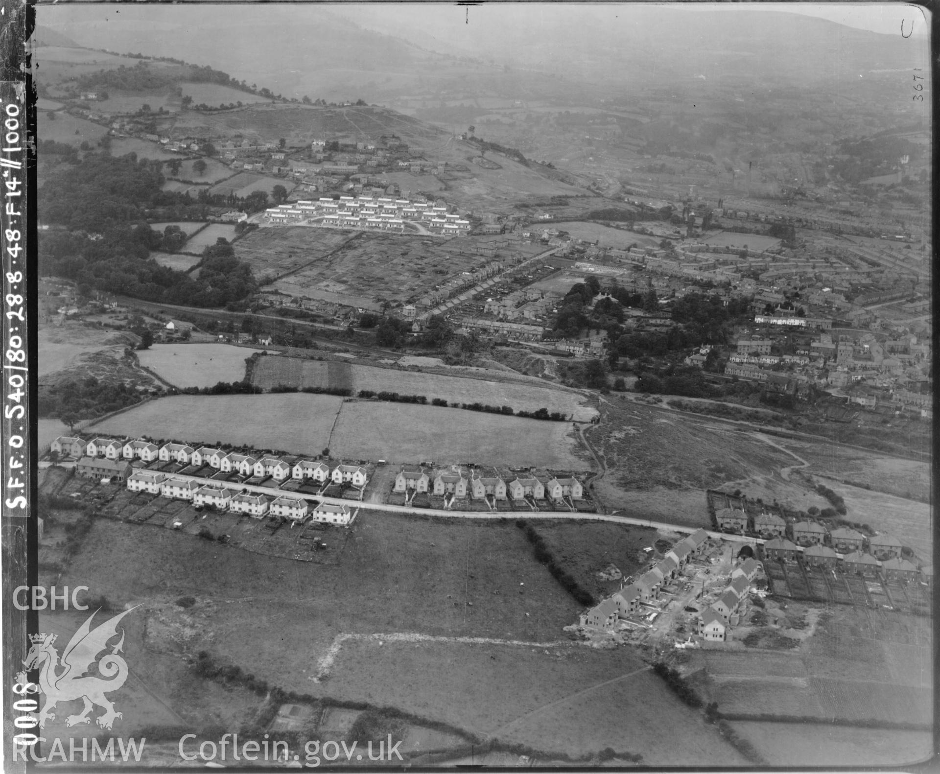 Black and white aerial photograph centred on Pontypool taken by the RAF on 28/08/1948