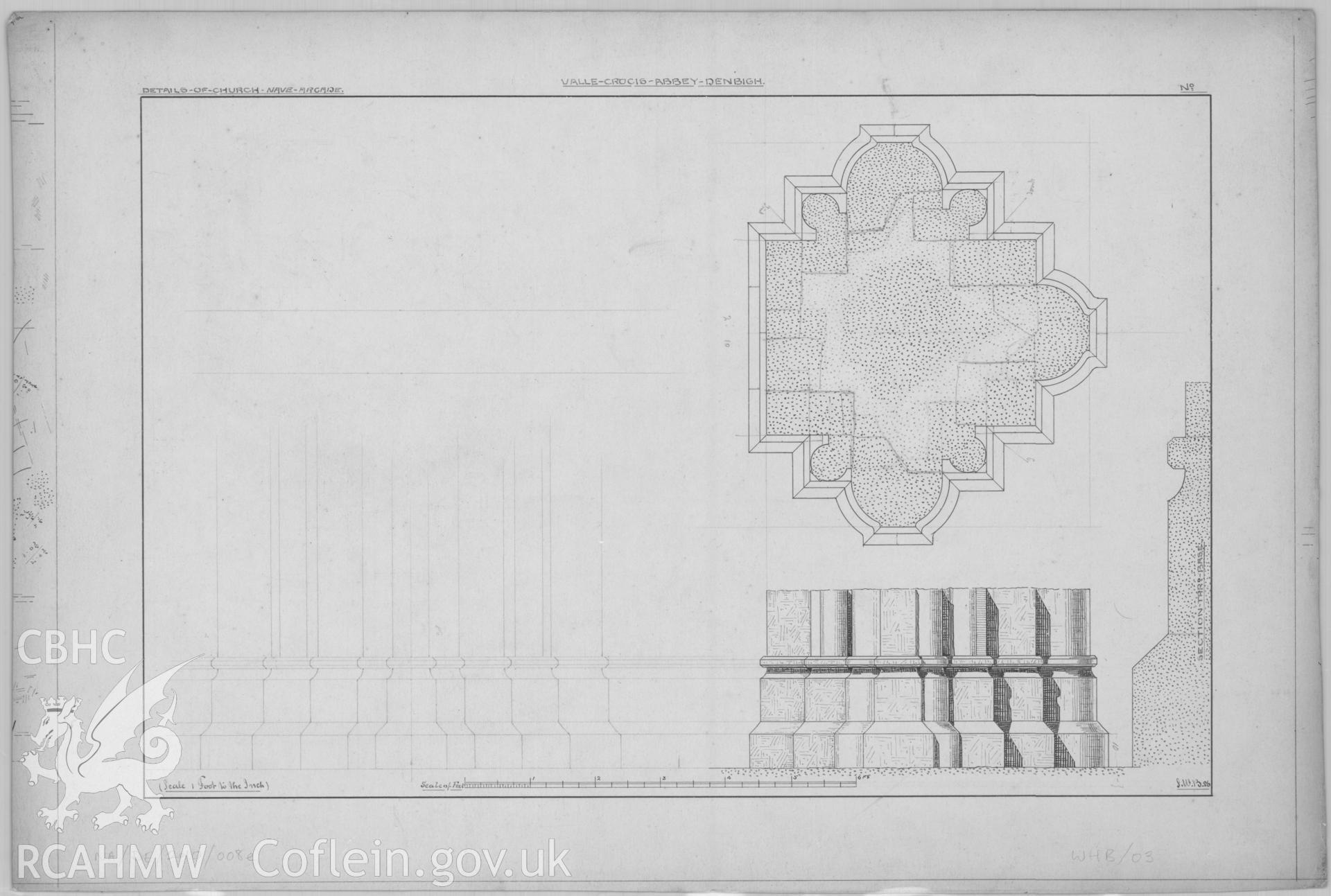 Original architectural drawing in pencil and ink showing details of the Church Nave at Valle Crucis Abbey, including the arcade. Produced by Hayward Brakspear and Sons in 1886.
