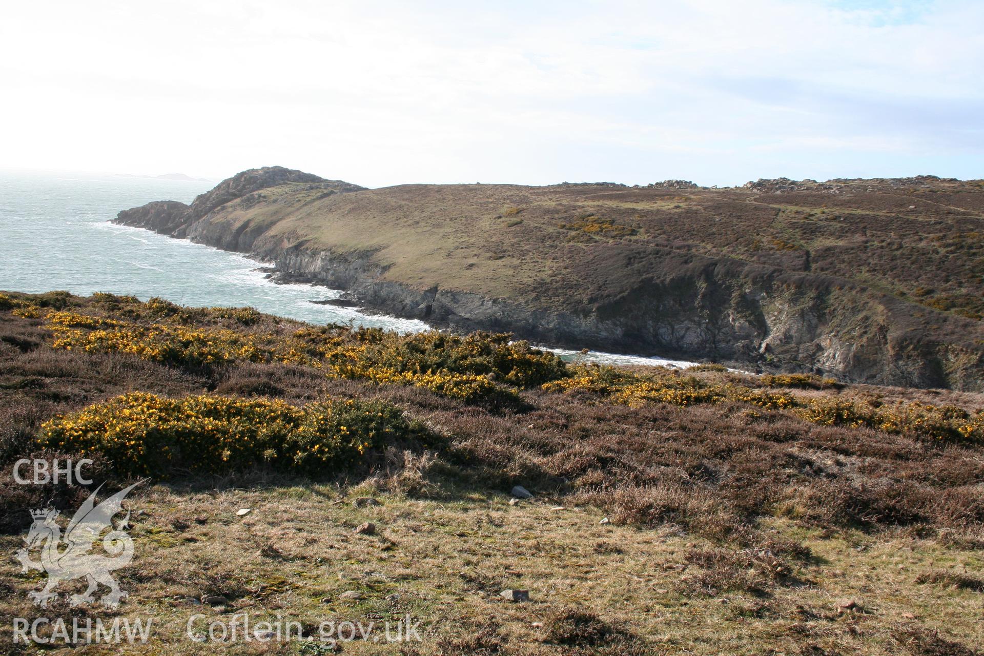 Clawdd y Milwyr promontory fort. General view of promontory fort from coastal path to east.