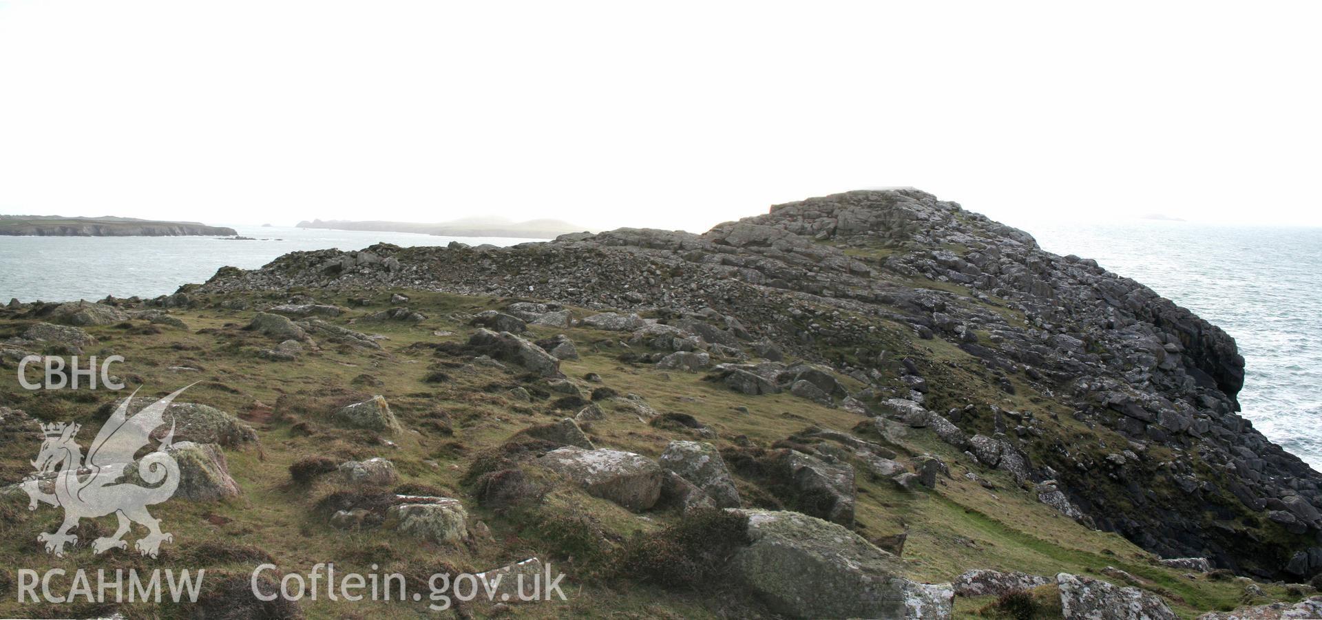 Clawdd y Milwyr promontory fort. Panorama of promontory defences from outside the fort to the east.